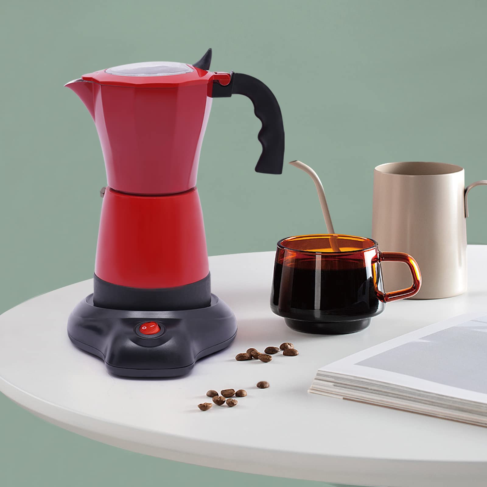 Cafetera espresso eléctrica, 480 W, cafetera moka con base, 1 – 6 tazas, máquina de café con base giratoria 360°, adecuado para casa, oficina, viajes, color rojo