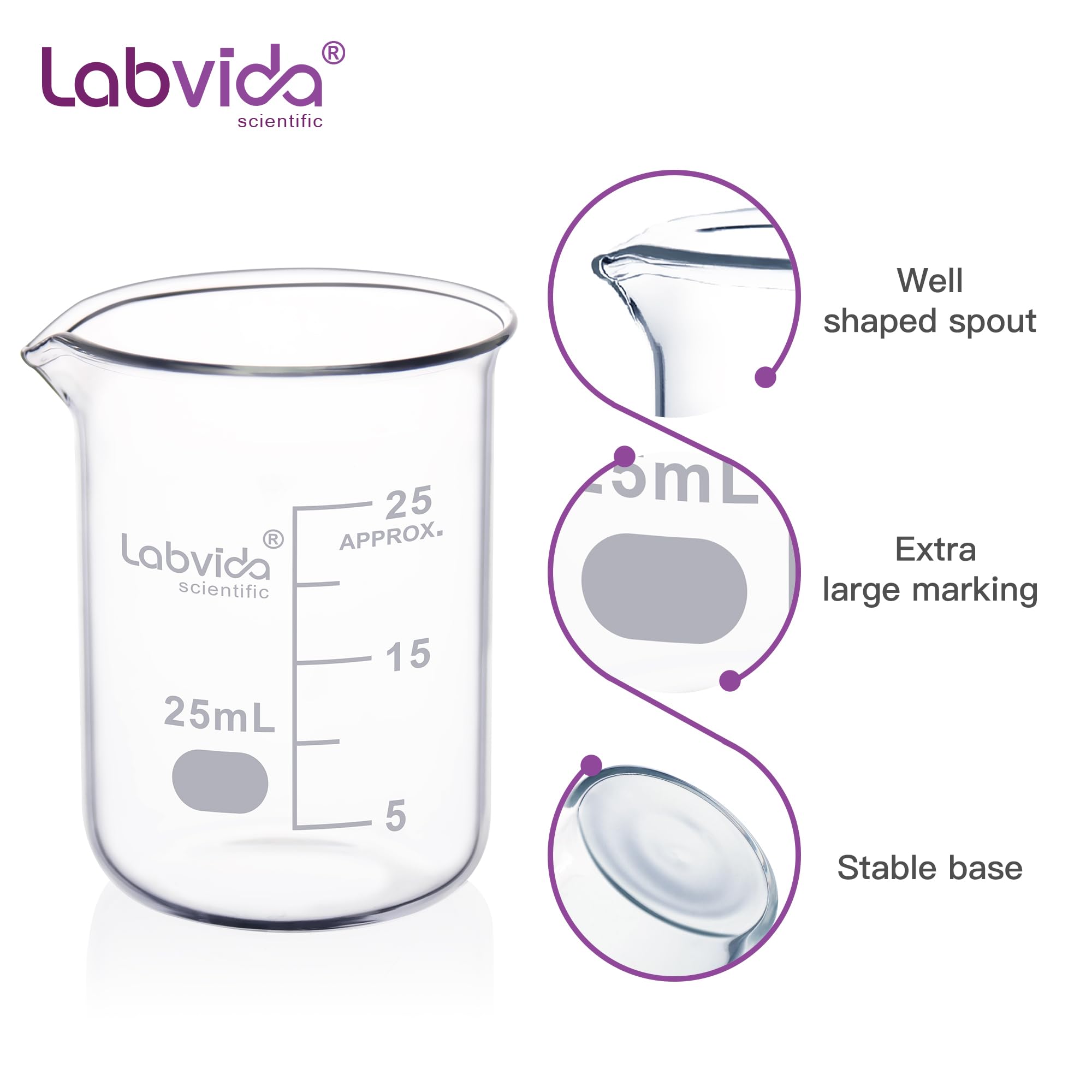 12 vasos de chupito de vidrio, vol.25 ml, 3.3 borosilicato Griffin de forma baja con graduación impresa, LVA001
