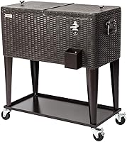 VINGLI 80 Quart Rolling Ice Chest Cooler Cart with Wheels, 48Hr Cooling, Bottle Opener, Drain Plug - Patio Party Beverage Bar (Brown)