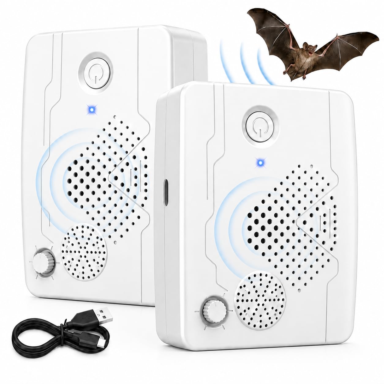 2026 Ultrasonic Bat Repellent 2 Pack, Bat Fortress Mini Repeller, Adjustable 10–70kHz Rechargeable Bat Deterrent Devices for Attic, Garage, Barn &amp; Covered Porch