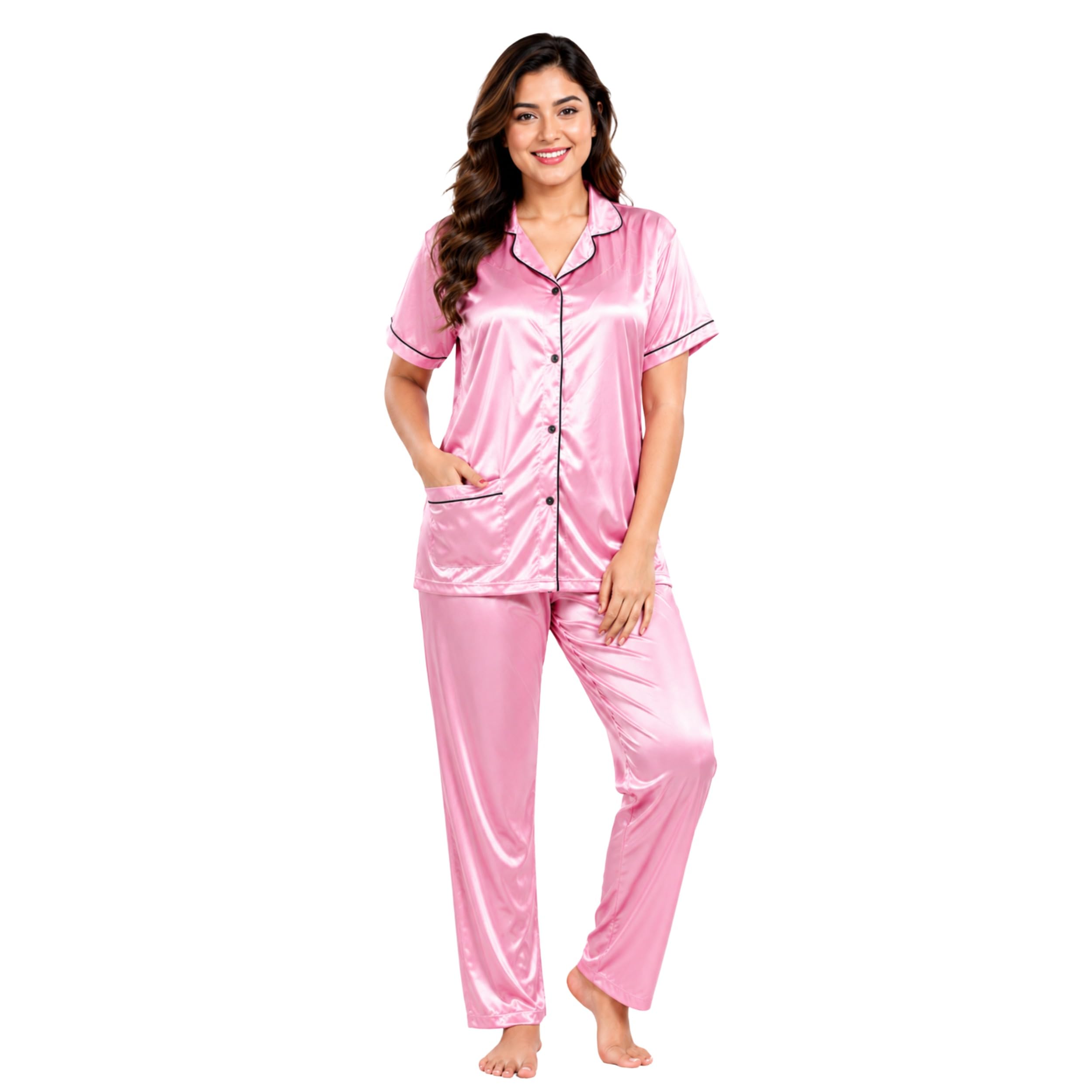 smiley face Satin Night Suit Set for Women & Girls | Solid Magenta Notch Collar Half Sleeve Shirt and Pyjama Loungewear Set.-picture-37