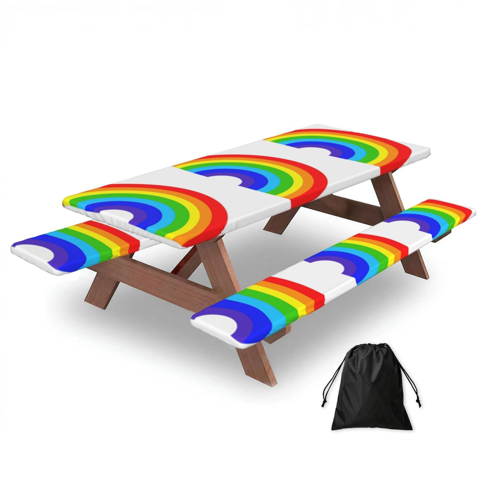 Duwaa Black Rainbow Print 183Cm Picnic Table Cover With Bench Covers, Waterproof Elastic Tablecloth Set For Outdoor