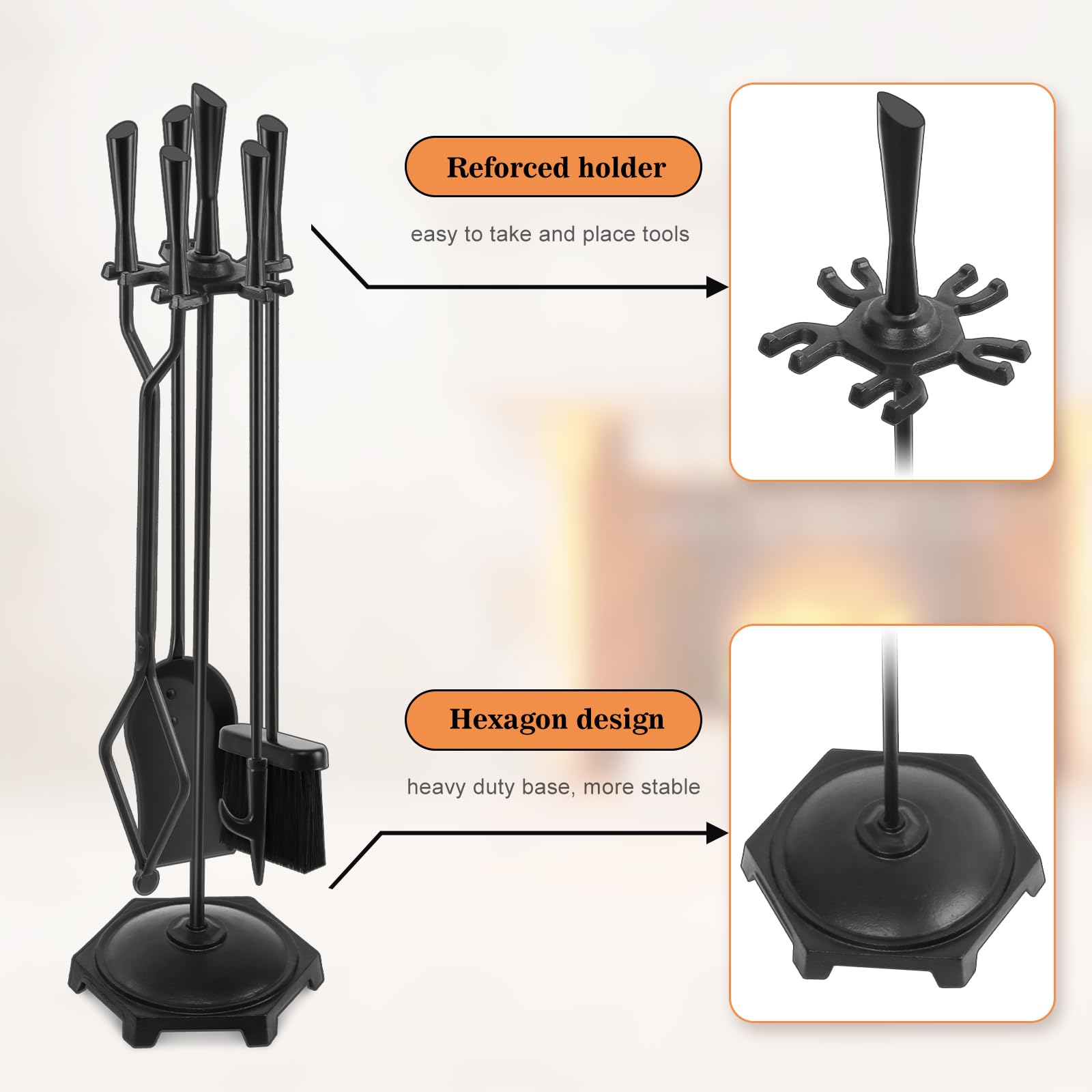 Juego de herramientas para chimenea de hierro forjado, 5 piezas, para interiores y exteriores, con póquer de fuego, pala, cepillo rústico, color negro 3