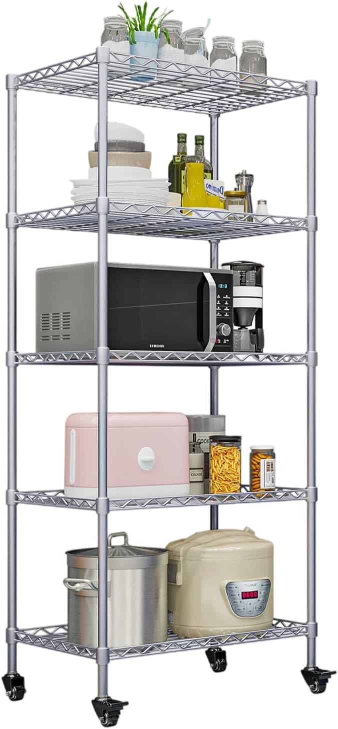 INGIORDAR 5-Shelf Metal Shelving Storage Unit with Lockable Wheels Wire Organizer Rack for Bathroom Kitchen Garage,(Silver，29.5 "L x 13.8" W x 62.2 "H)