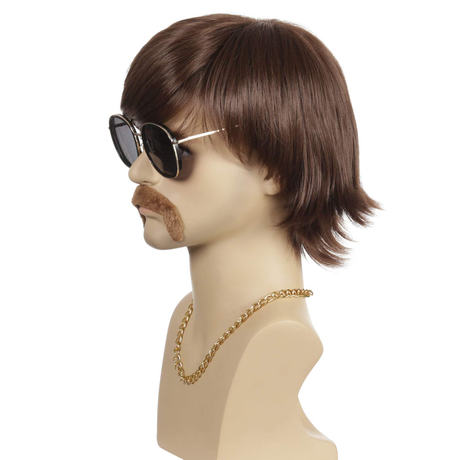 QACCF Mens 70's Wig | Mens 70s Gold Chain and Mustache and 60s Party Wig (Straight Sonny Bono Brown)