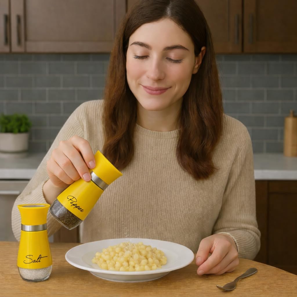 Salt & Pepper Shaker Set Stainless Steel Covering Glass with "Salt" and "Pepper" Printed on Front, BPA-Free, 4.42 Oz Capacity Spice Dispensers Kitchen Dining Table (Yellow)