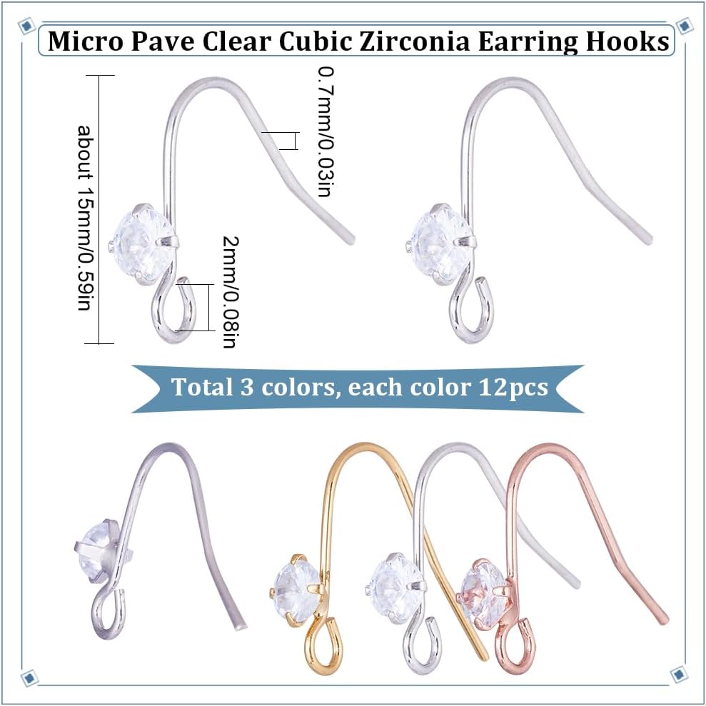 SUNNYCLUE 1 Box 36Pcs Rhinestone Earring Hooks Earring Fish Hooks Ear Wires Fish Hooks Crystal Cubic Zirconia Earring Findings Ear Wire Hooks for Jewelry Making Accessories DIY Dangle Earrings Craft - Image 2