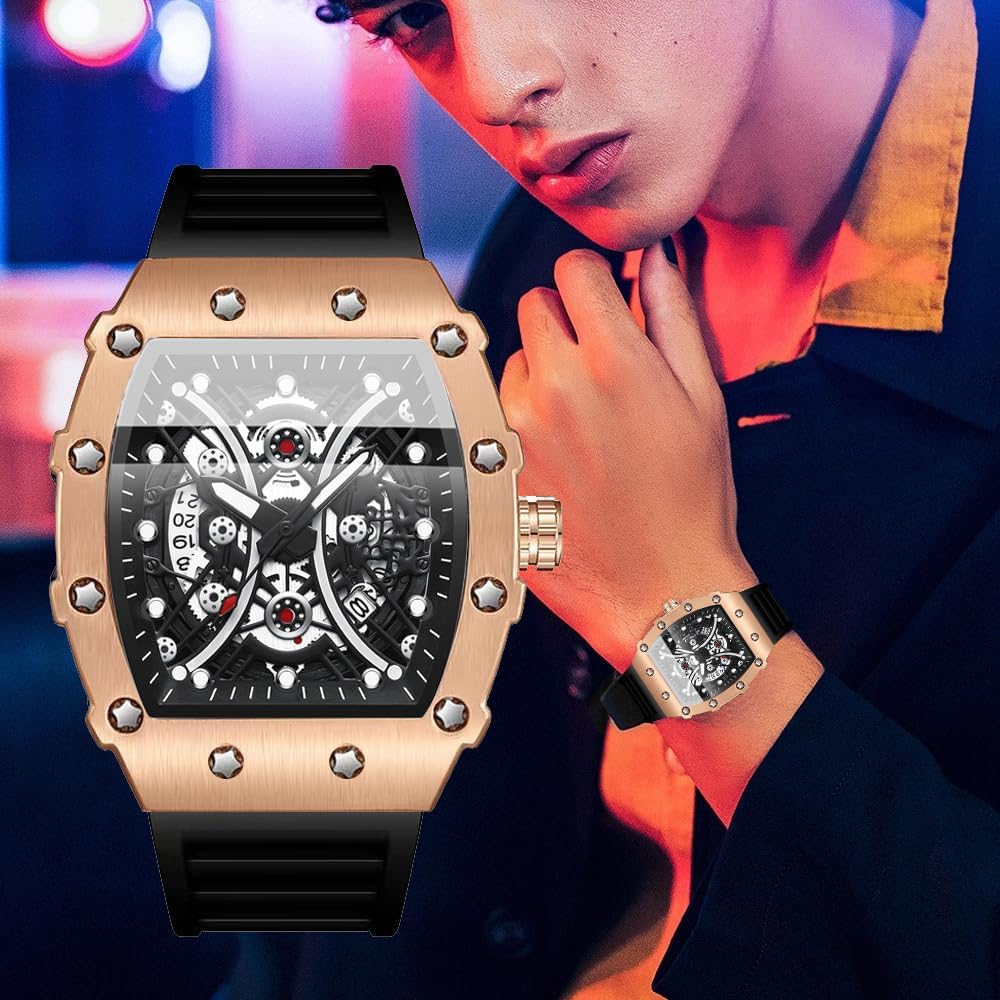 Tiong Men’s Barrel-Shaped Quartz Skeleton Watch-Silicone Strap, Luminous & Waterproof, Sport Luxury Style