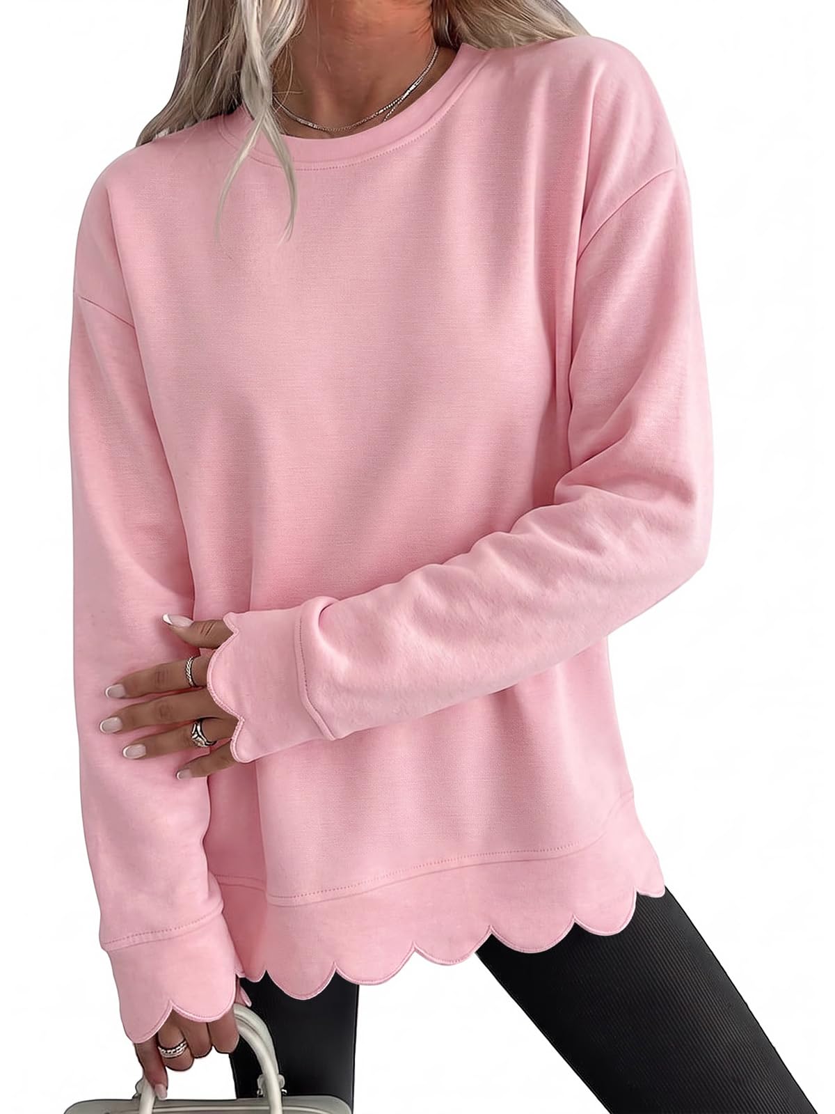 Fisoew Womens Oversized Crewneck Sweatshirts Scalloped Casual Pullover Tops