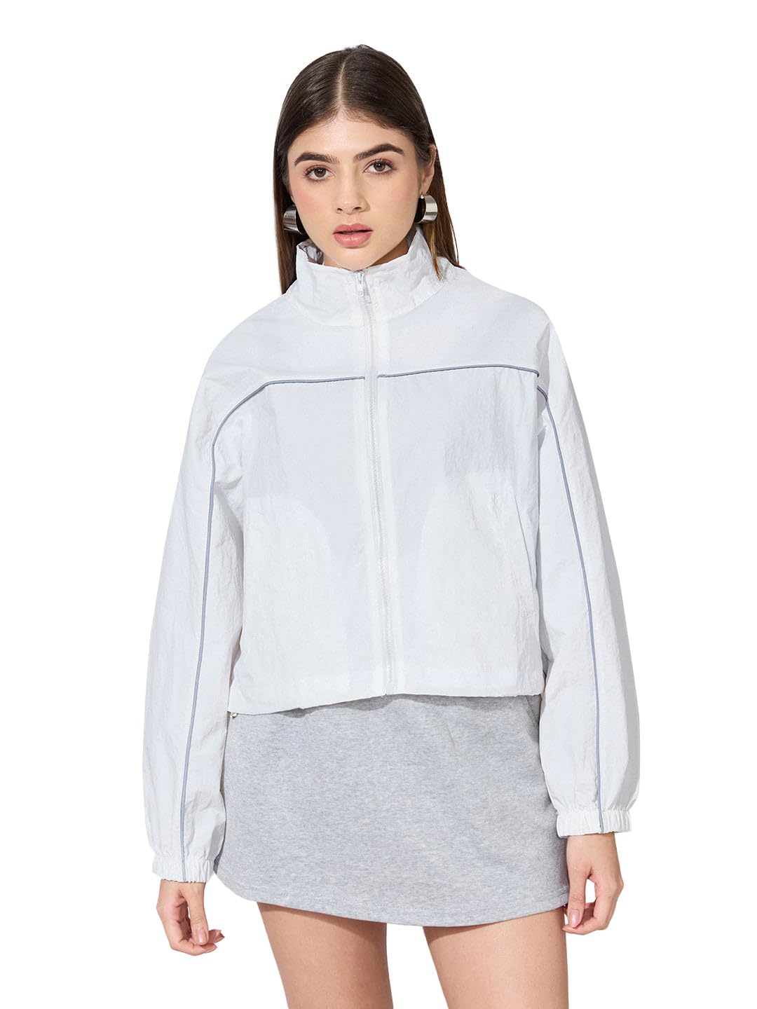 showoffff Women Solid Bomber Jacket | Mock Collar Full Sleeves Nylon Jacket for Womens | Crop Jacket for Women's | White-M-picture-17