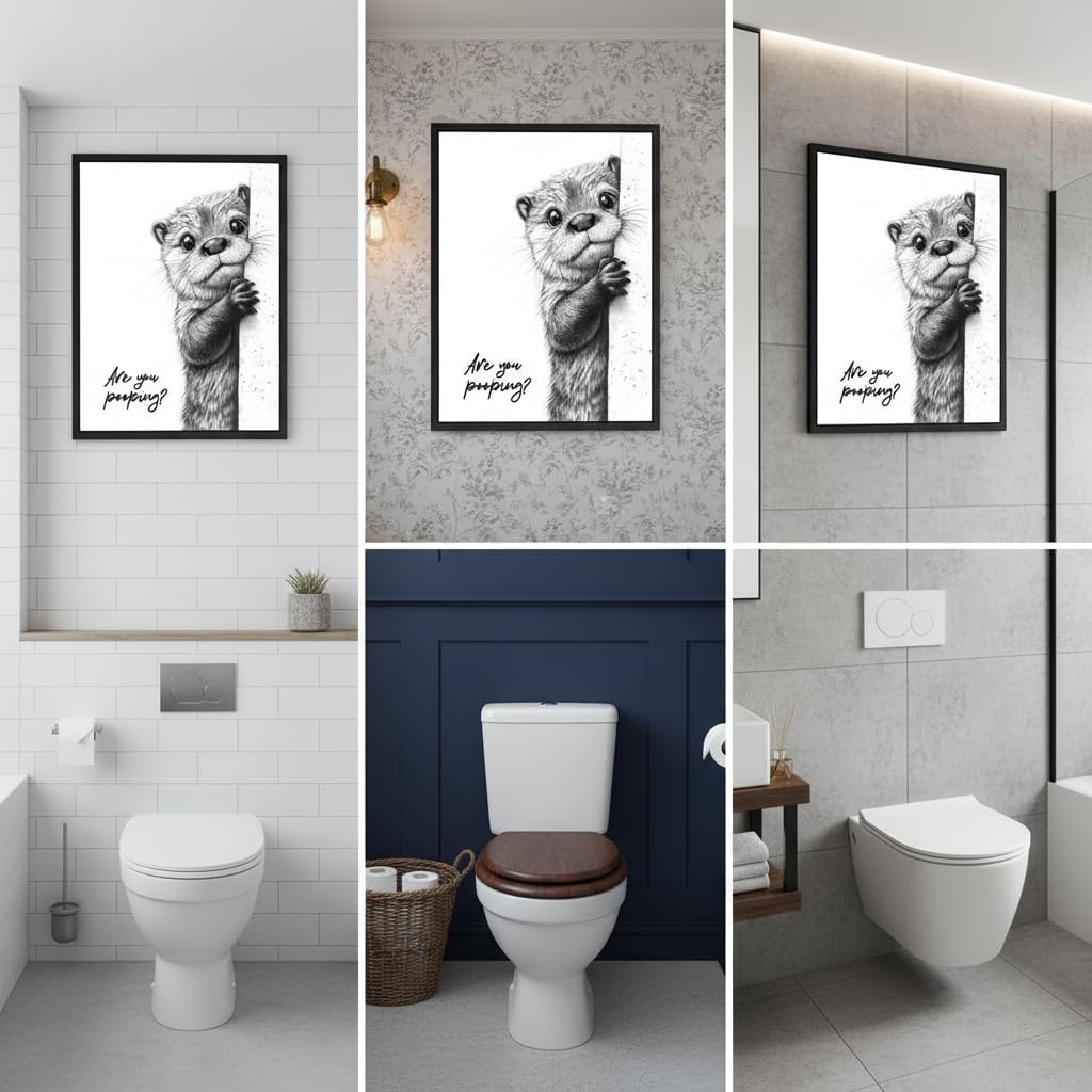 Black Framed Funny Otter Canvas Wall Art, Black White Humorous Animal Bathroom Poster Print Artwork, Are You Pooping Painting Picture Wall Decor, for Restroom, Bathroom, Toilet Home Decoration 12x16in