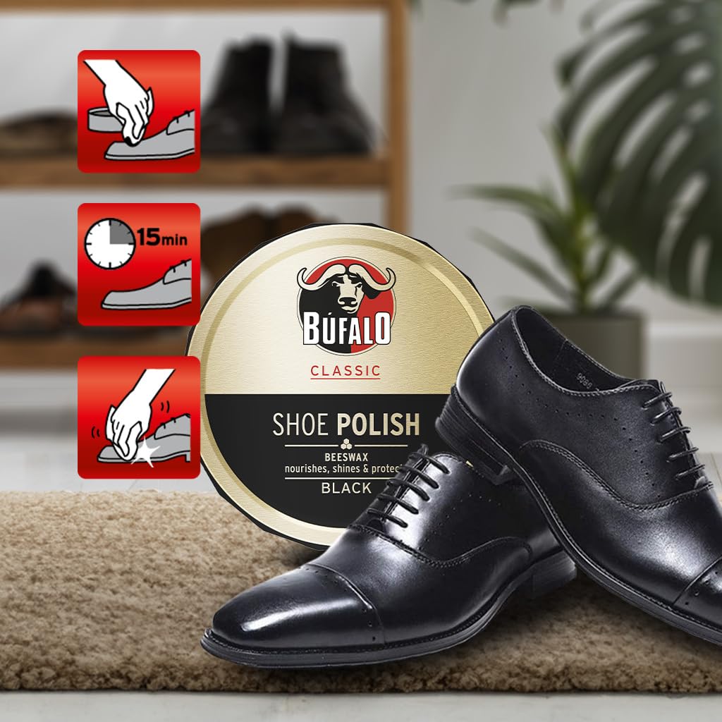 Bufalo Classic Shoe Polish, Betuna for Shoes, Care of Shoes, Cream Black, Protects and Gives Shine, Ideal for Smooth and Rustic Skin, 75 ml Tin