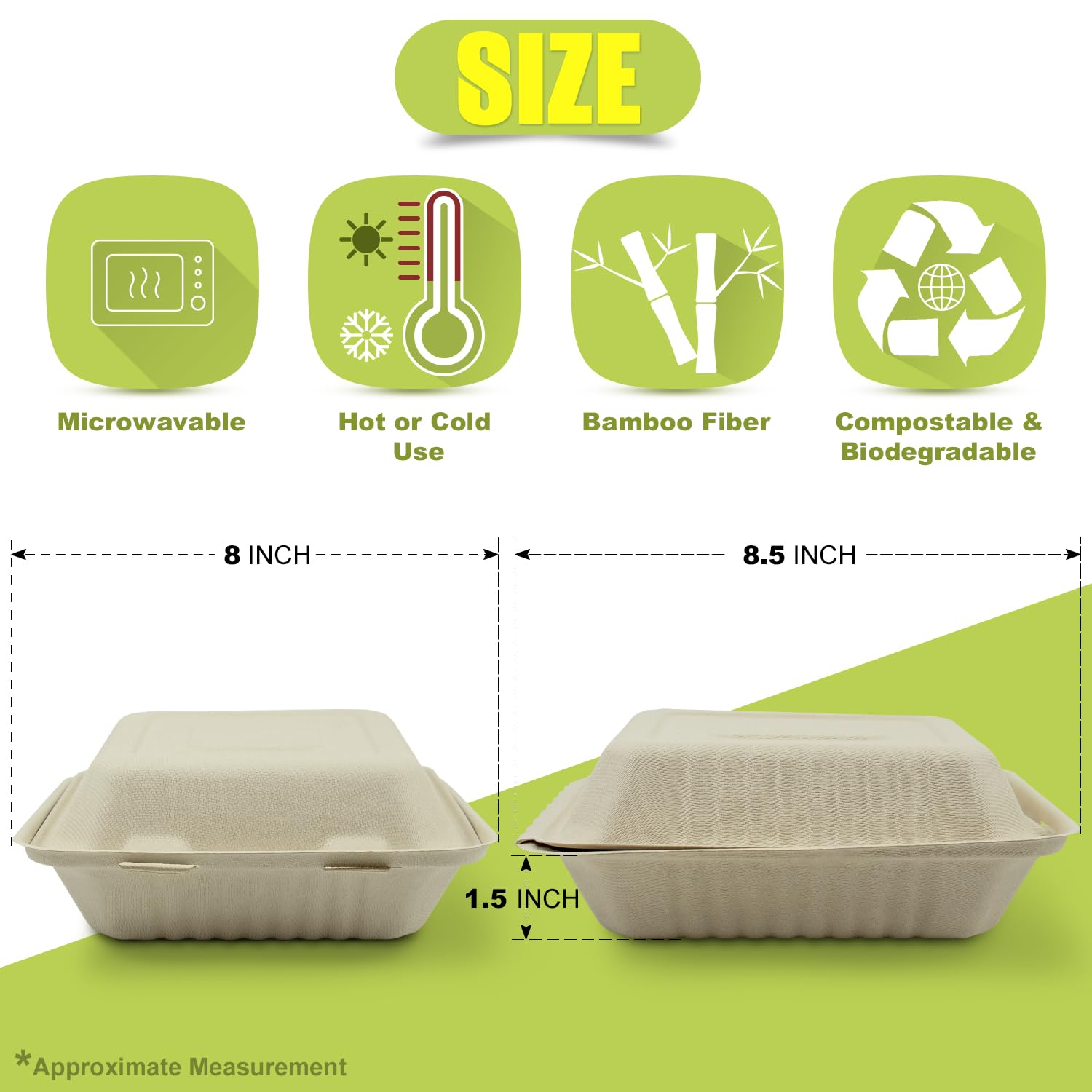 Green Earth, Cajas de comida para llevar de 8 pulgadas, 50 unidades, 1 compartimento, cubierta compostable, utensilios BAM (fibra de bambú), recipientes biodegradables, tapa con bisagras, apto para