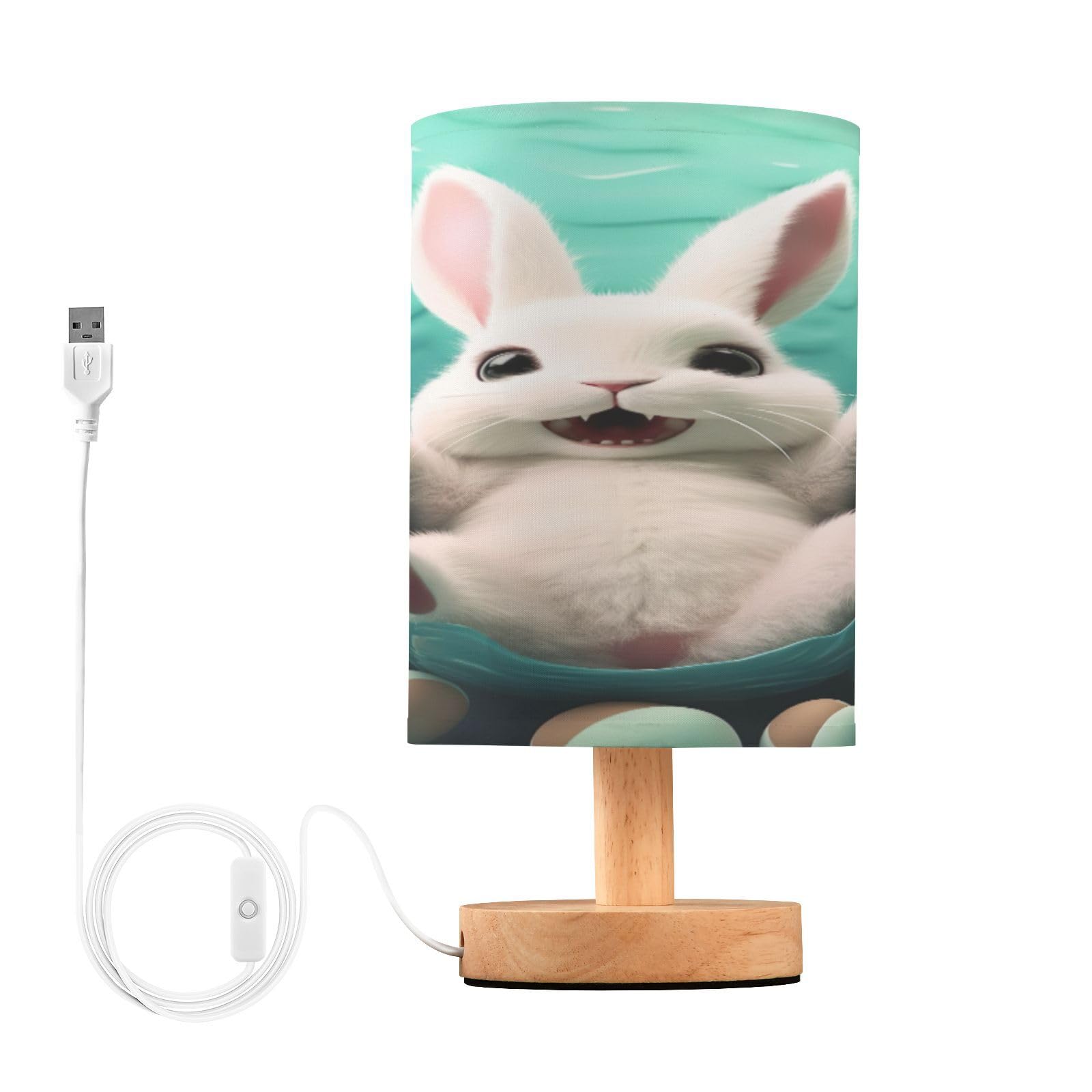 SDMKA Happy Easter Bunny Bedside Table Lamp for Bedroom, Minimalist Nightstand Lamp with Round Fabric Shade for Living Room, Office, No Bulb Required