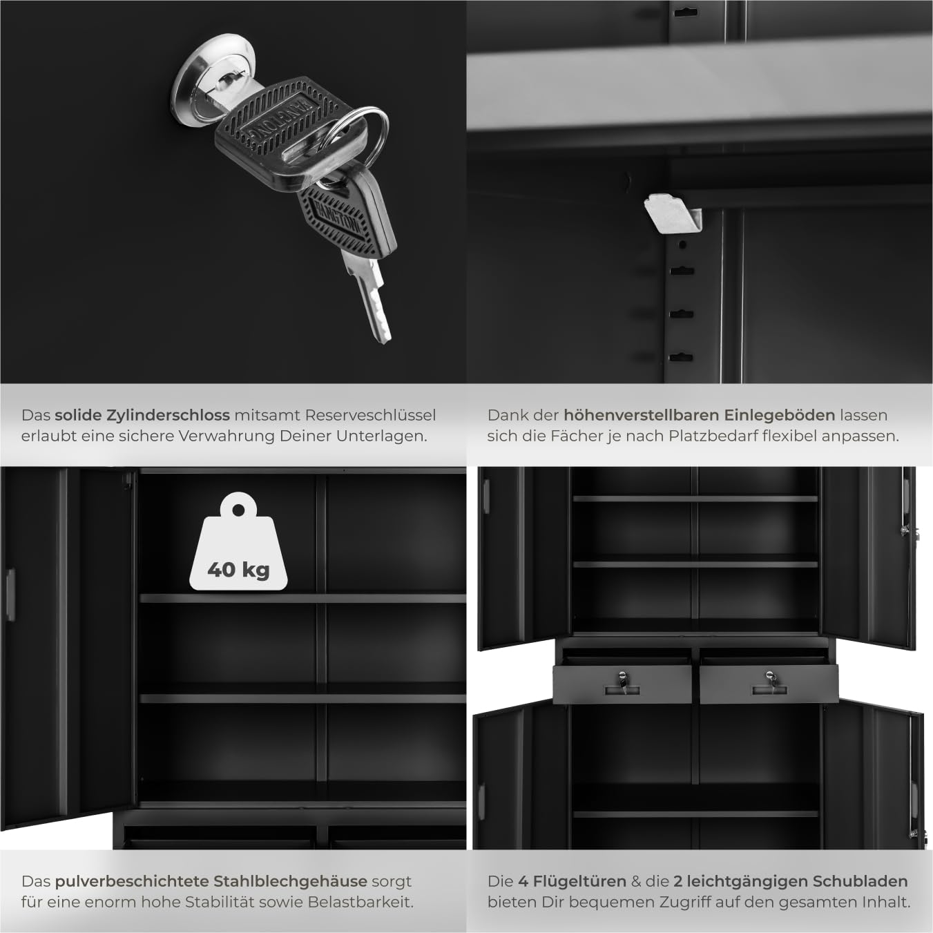 tectake® Aktenschrank, Mehrzweckschrank aus Stahl, Allzweckschrank, Aktenschrank abschließbar, 2 Schrankabteilen, 2 Schubladen, Türen und Schloss, Büroschrank, Werkzeugschrank, 180x80x40cm - schwarz