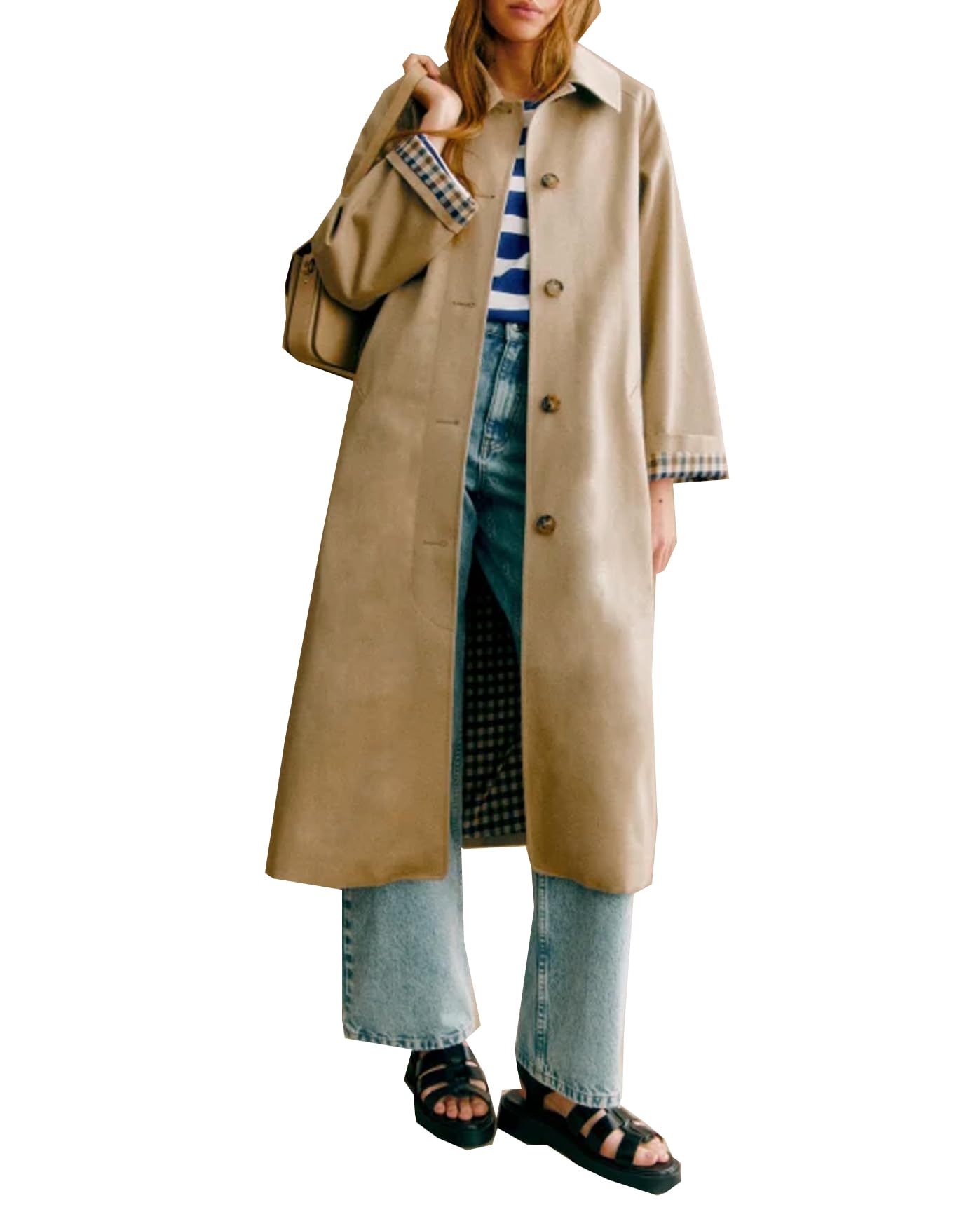 Womens Oversized Trench Coat Single Breasted Windproof Overcoat Classic Button Down Long Jacket