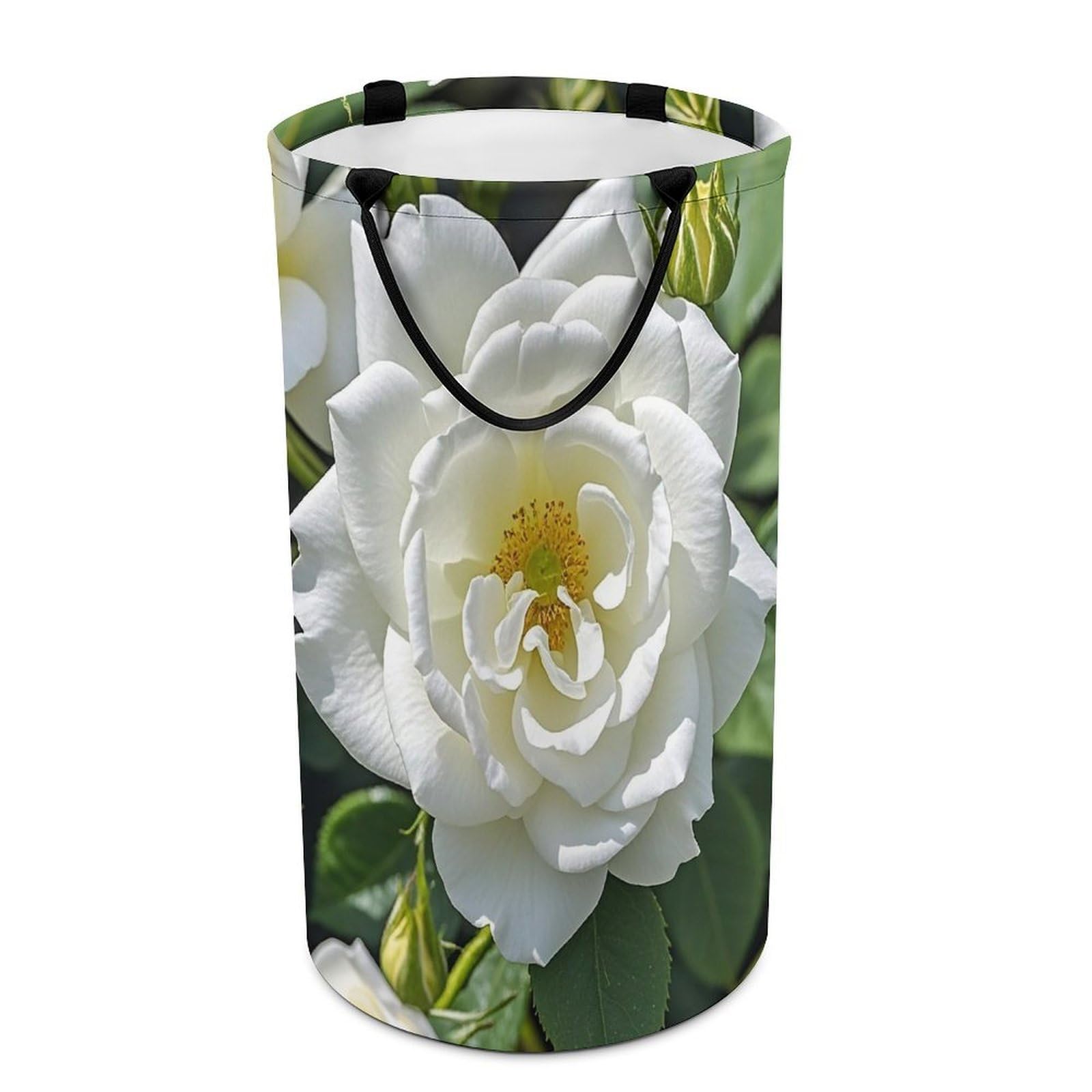 Fodpand Style White Rose Laundry Basket With Handle Foldable Laundry Hamper Narrow Laundry Bag For Bedroom, Bathroom, Laundry Room 15.7X27.2 In
