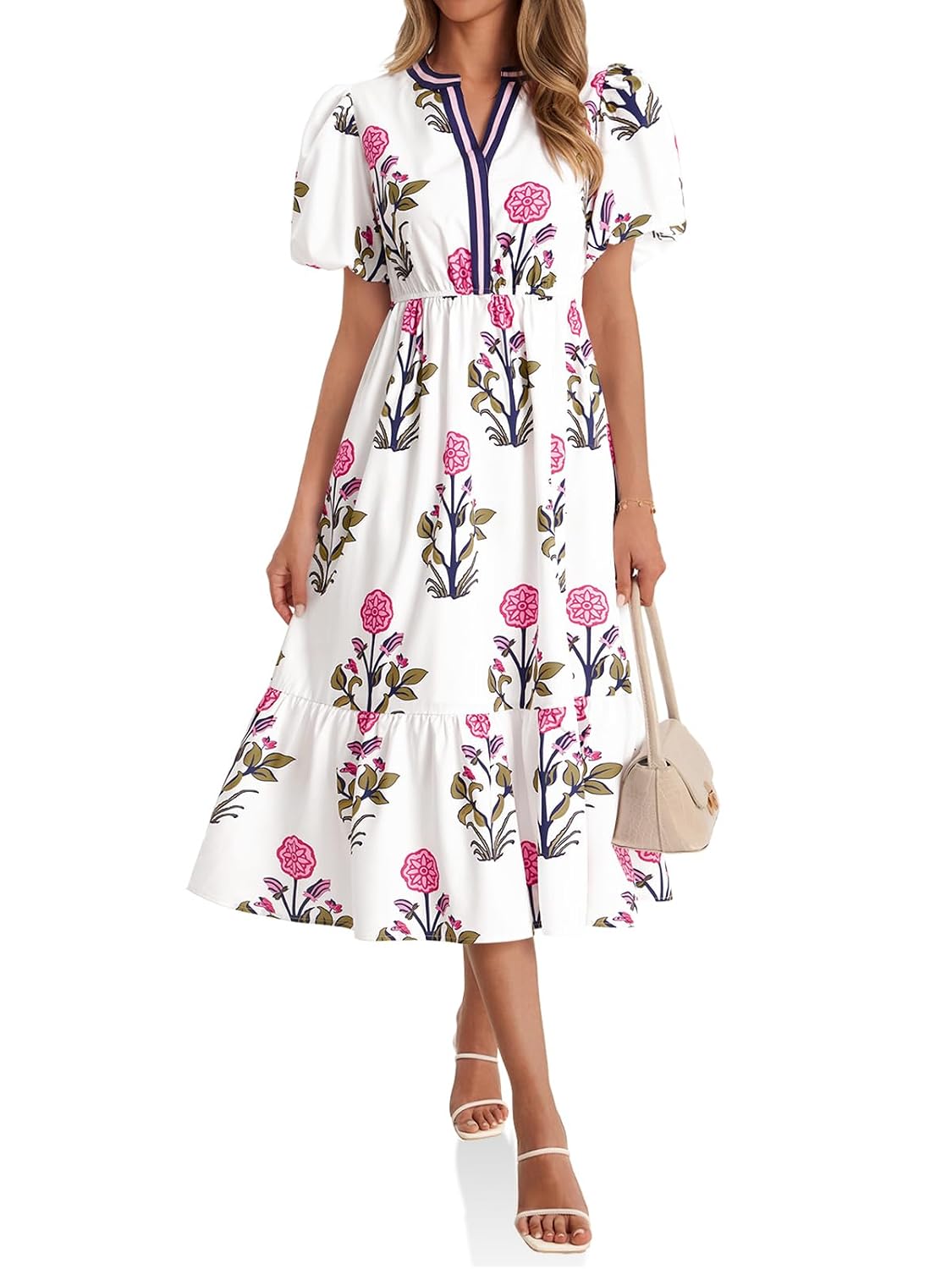 Cicy Bell Womens Summer Floral Print Maxi Dress A Line Puff Short Sleeve V Neck Boho Dresses Flowy Beach Vacation Outfits - Review, Price and Buying Guide