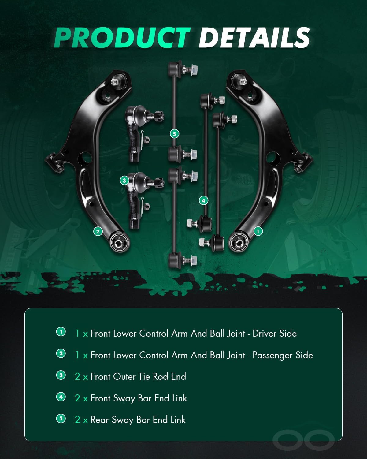 SCITOO 8pcs Front Suspension Kit Lower Control Arm w/Ball Joint Stabilizer Sway Bar Links Inner Outer Tie Rod End fit for Mazda Protege Protege5 2001 2002 2003
