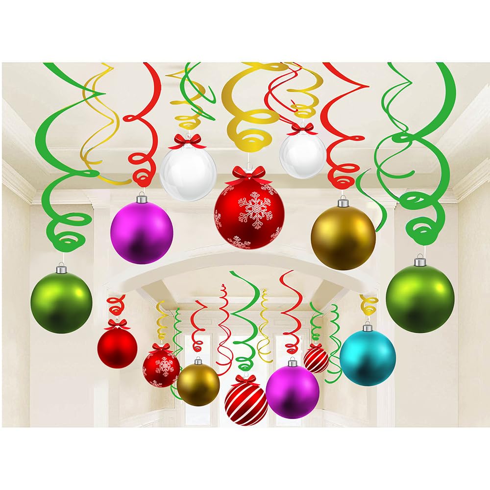 30Pcs Christmas Ball Hanging Swirls Christmas Theme Ceiling Whirl Hanging Decorations for Xmas Theme Birthday Party Decor