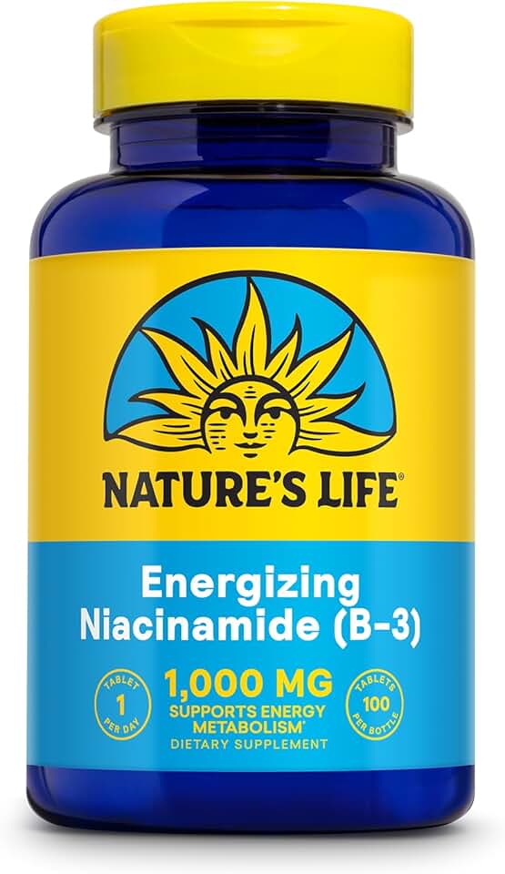 Nature&#x27;s Life Energizing Niacinamide, Vitamin B3 1000mg - High Potency, No Flush Niacin Supplement - Nerve Function, Energy and Metabolism Support - 60-Day Guarantee - 100 Servings, 100 Tablets