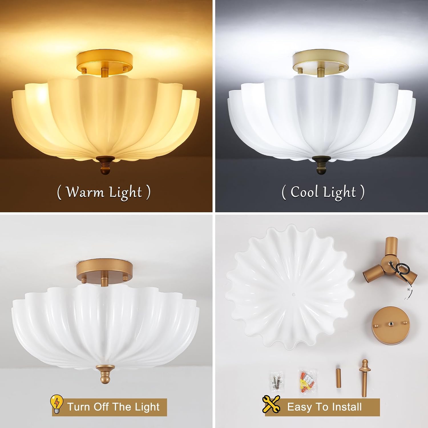 Milk Glass Gold Semi Flush Mount Ceiling Light 3-Light 15.7" Vintage Brass Mid Century Modern Ceiling Lights with Flower Shade Entryway Light Fixtures Ceiling Mount for Hallway Foyer Bedroom Kitchen