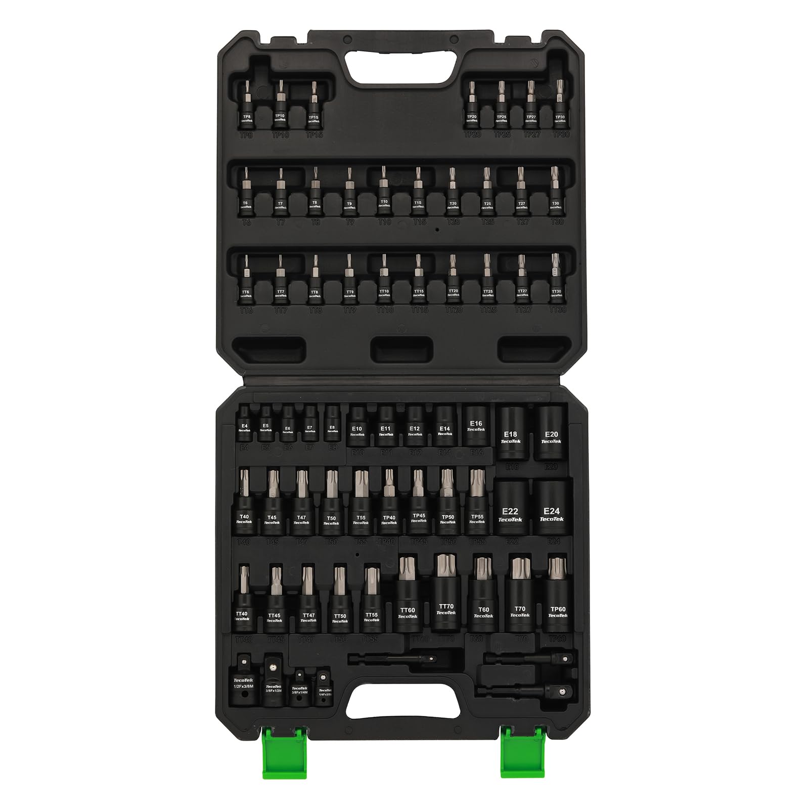 TecoTek 67-Piece Master Torx Bit Socket and External Torx Socket Set, 1/4", 3/8" and 1/2" Drive, S2 and Cr-V Steel, E4 - E24, T6 - T70, TT6 - TT70, TP8 - TP60, Includes 7PCS Socket Adapters