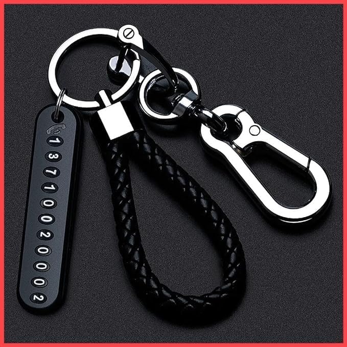 SHOPLUVSee Ever Universal Black Leather Key Chain With Number Plate - Hand Woven Rope, Anti-Lost and DIY Accessory for Men and Women