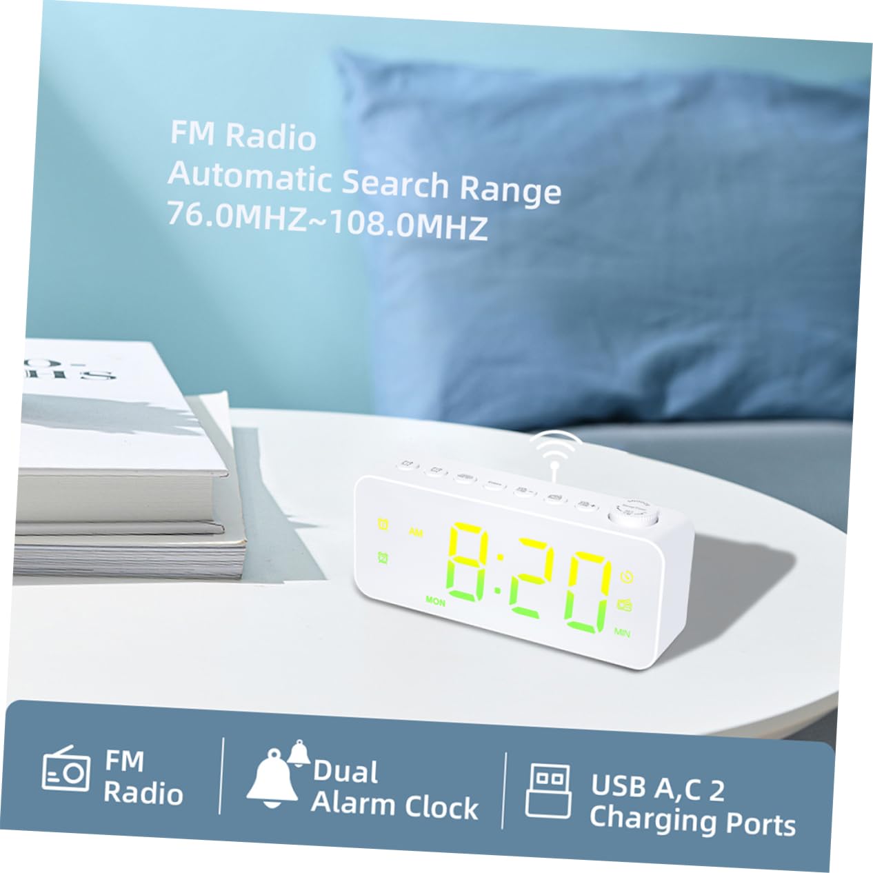 jojofuny Radio Despertador de Pantalla Grande Radio Despertador Digital para Dormitorio Incluye Función de Carga USB para Teléfono como Reloj LED Digital para Obsequio para Oficina