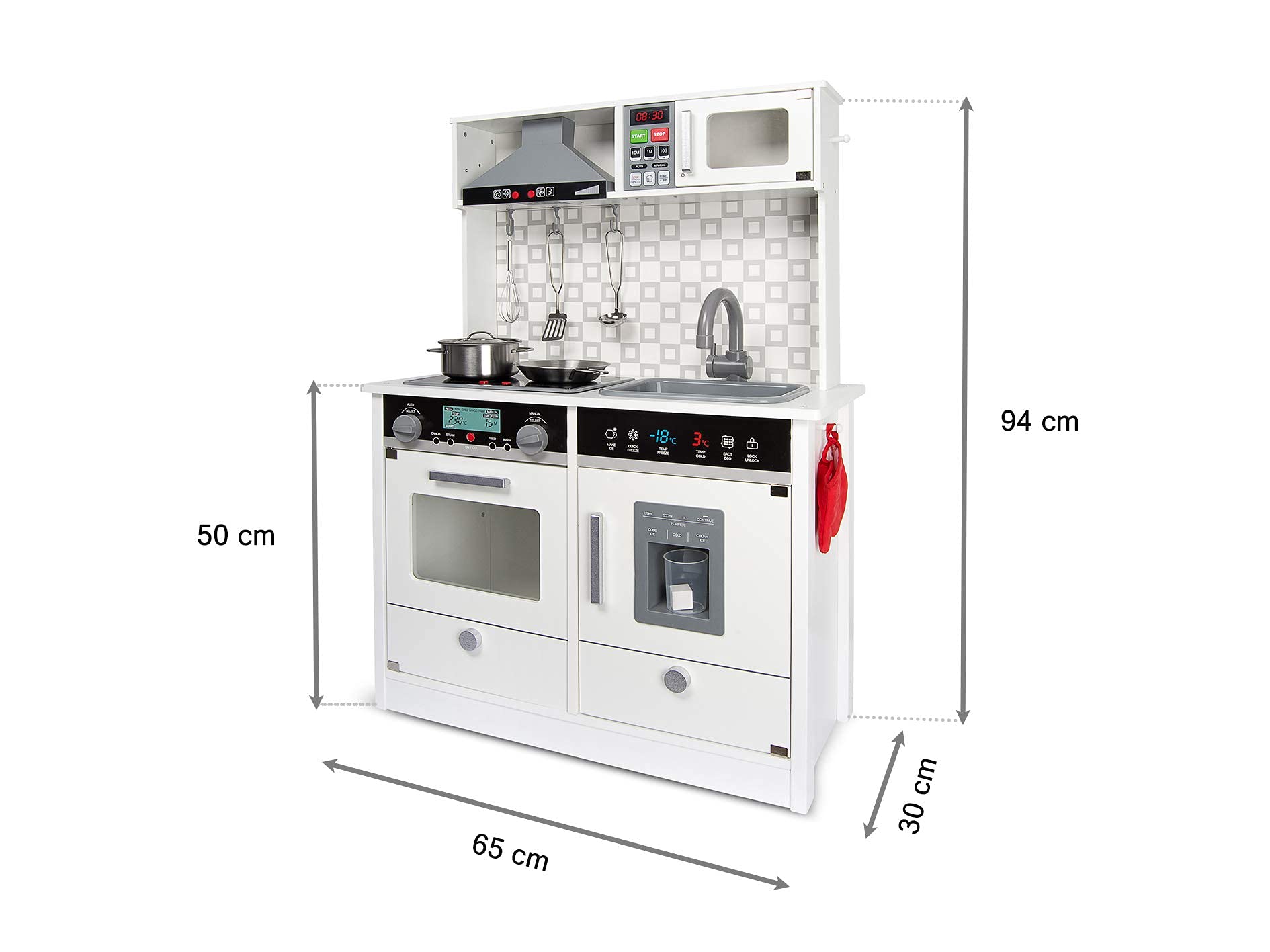 Leomark cucina in legno bianca, giocattolo per bambini, educazione tavola divertimento, cucina con accessori, colore MODERN WHITE, dimensioni: 65cm (L) x 30cm (W) x 94cm (H)