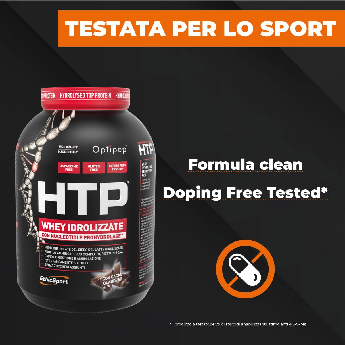 EthicSport HTP – Proteine isolate e idrolizzate Optipep con ProHydrolase e nucleotidi – Supporto alla massa muscolare – 1950 g - doping free tested* - Gusto Cacao