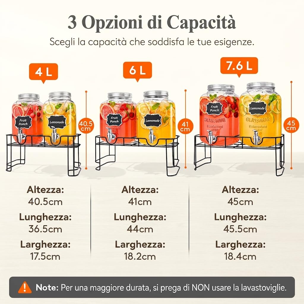 Lifewit 2 dispenser per bevande da 4 l, in vetro con rubinetto e supporto, dispenser per bevande per birra, limonata, tè, acqua, beverage dispenser con rubinetto per feste, eventi a buffet, 39 x 16 cm