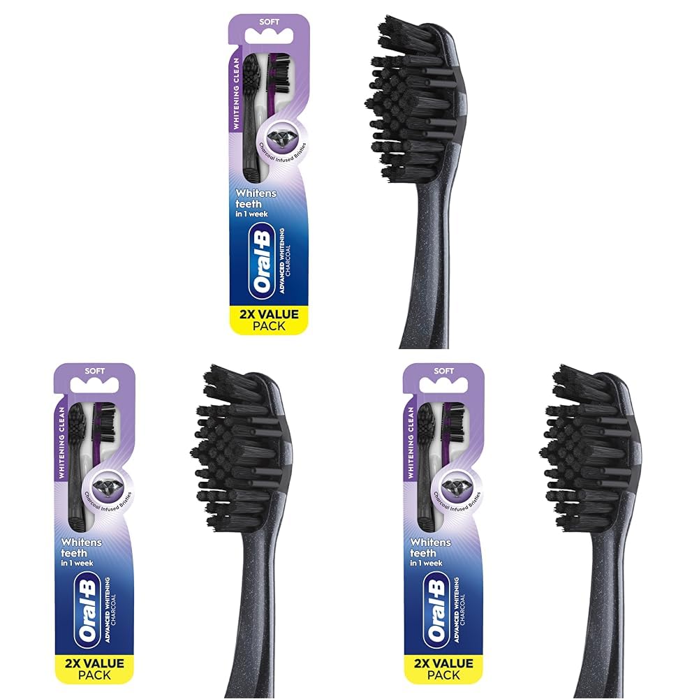 Oral-B 3D White Charcoal Toothbrush, 2 Count Soft Manual tootbrush Pack, Whitens Teeth, removes Plaque and Stains, Tongue Scraper Tooth Brush (Pack of 3) 2 Count (Pack of 3)
