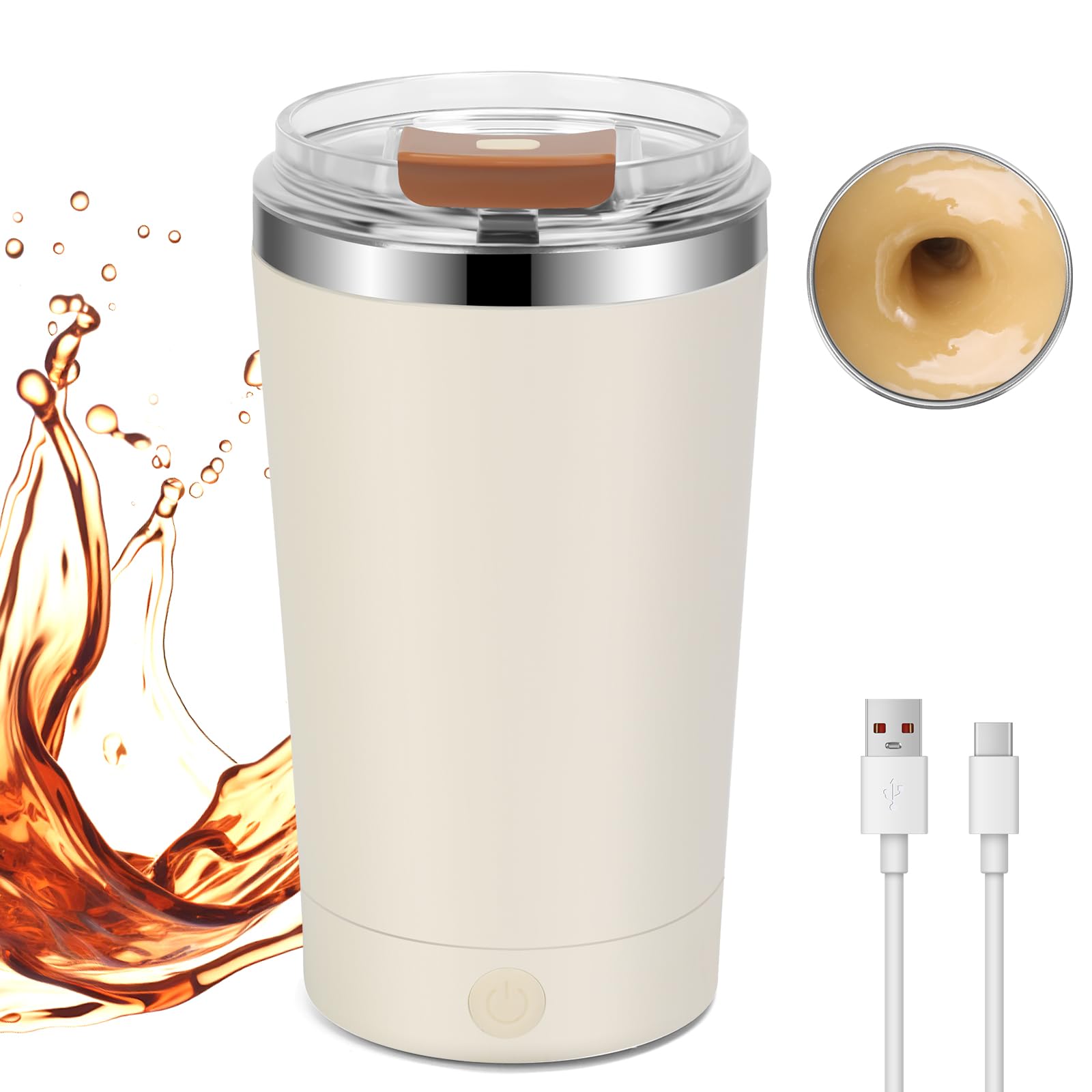 Luismia 400 ML Self Stirring Coffee Mug with Removeable Base, Rechargeable Milk Coffee Mixing Cup, Electric Automatic Cocoa Hot Chocolate Juice Mixer with Lid for Home Office (Beige)