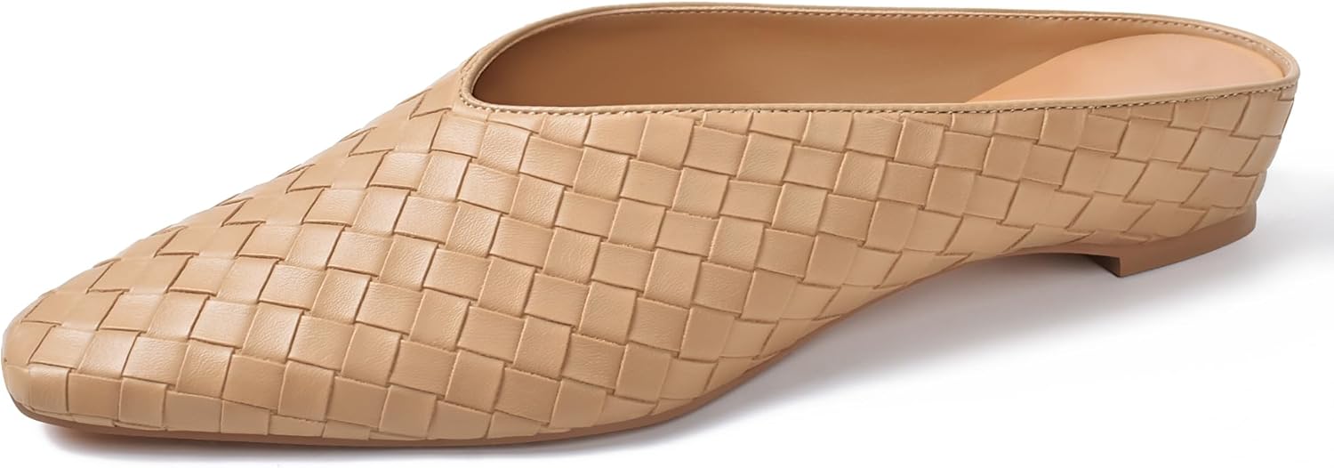 Woven Mules for Women Metallic Leather Slides Ladies Trendy Comfortable Square Toe Hidden Wedge Shoes