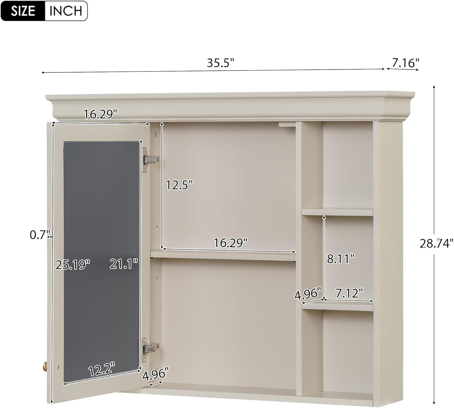High-Capacity Solution for Small Bathrooms, 35” Wall Mounted Cabinet with 6 Open Shelves Maximizes Storage, Includes Space-Enlarging Mirror Door (Beige)