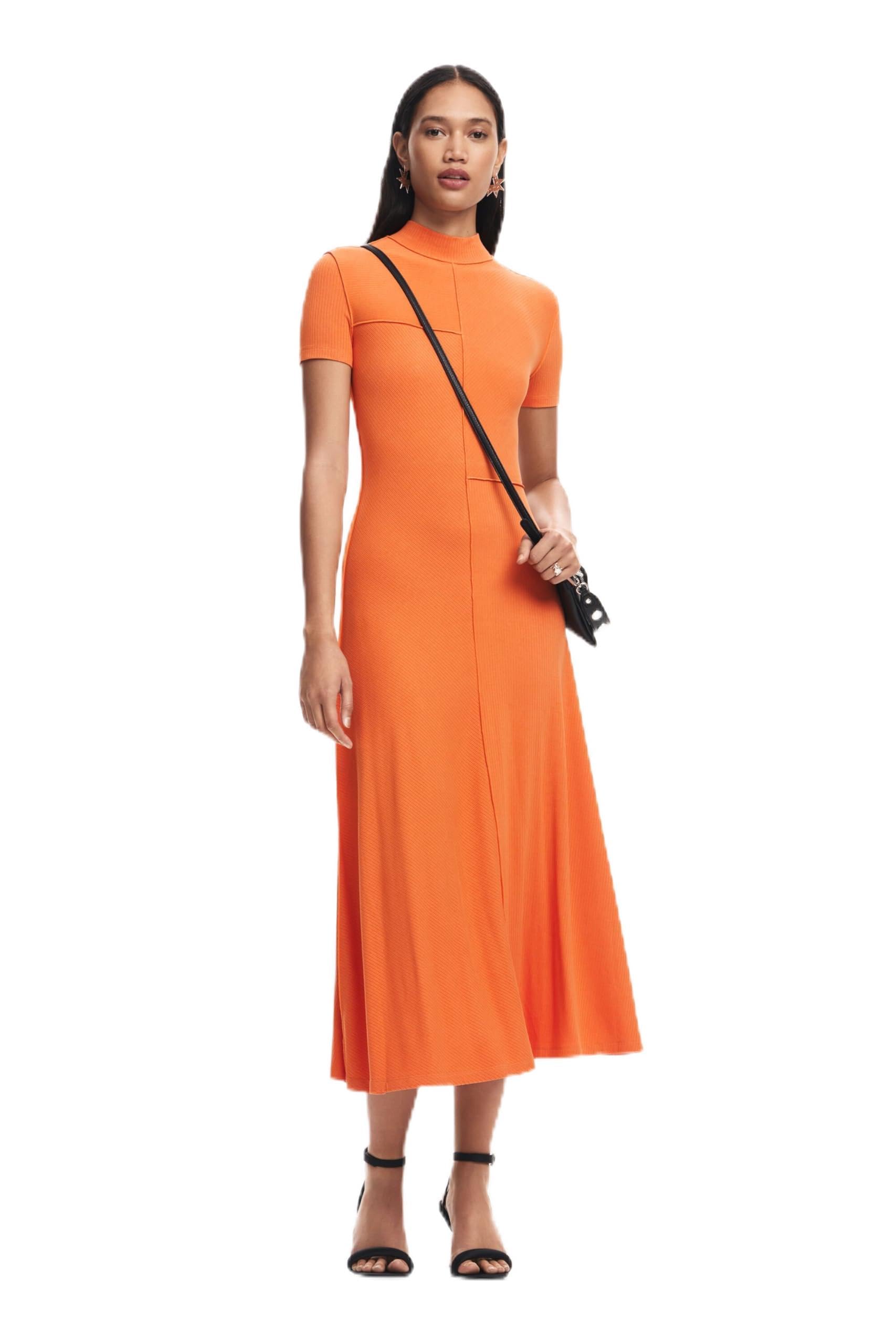 Desigual Vestido Midi para Mujer con Cuello Alto, Naranja, Large
