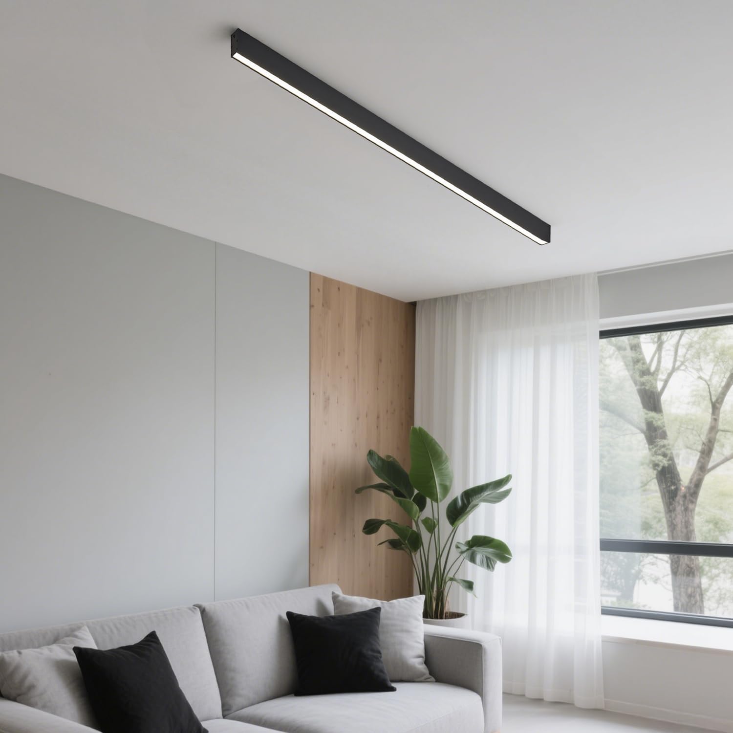 Black ceiling light LED, modern and simple, long strip ceiling surface installation, suitable for living room, bedroom, corridor and kitchen, remote control to switch color and brightness, 59 inches