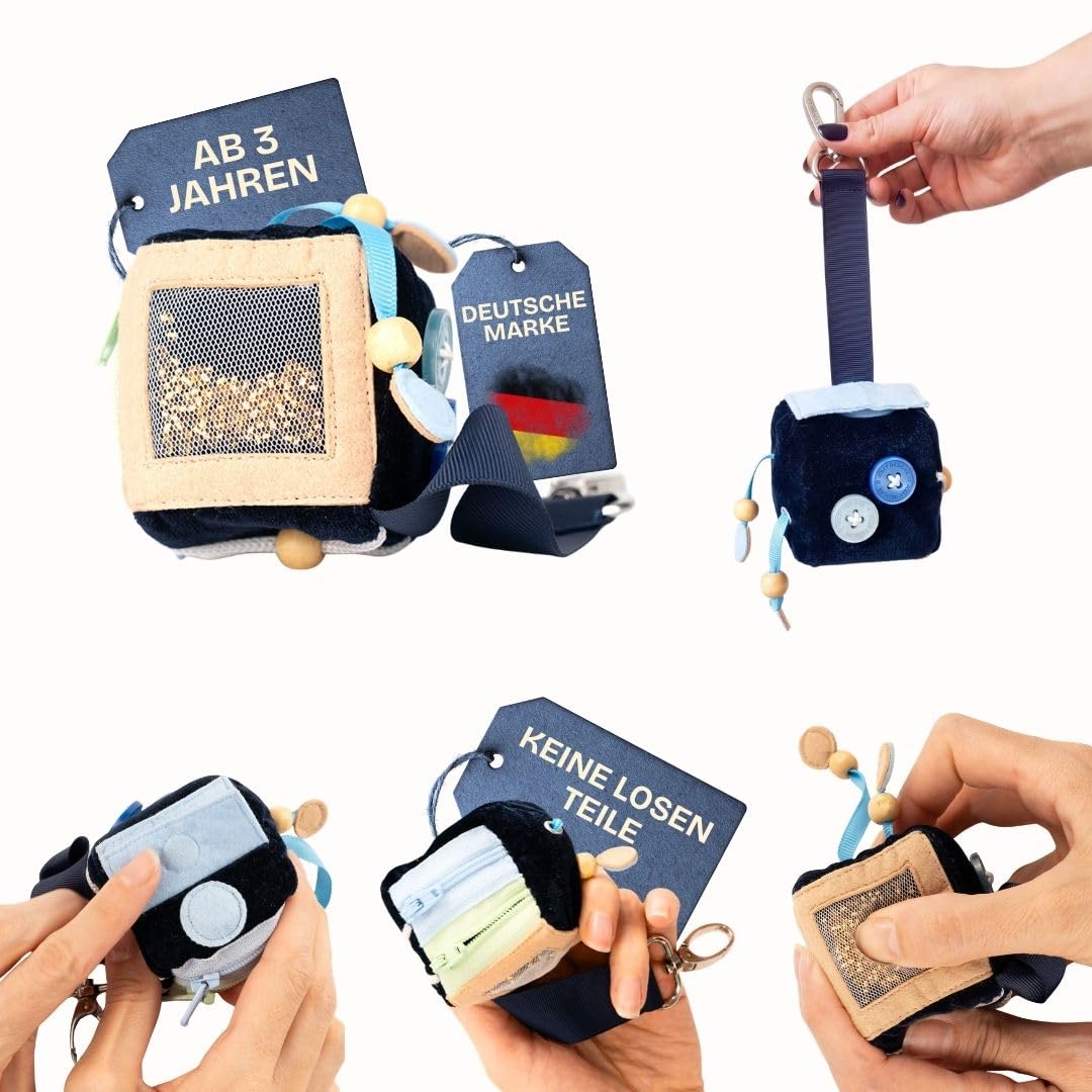 Jolly Designs Calmi Cube Blavi – Anti-Stress Würfel & Fidget Toy aus Stoff – Montessori Spielzeug & Konzentrationshilfe für Kinder & Erwachsene – leise, handgemacht & sensorisch wirkungsvoll
