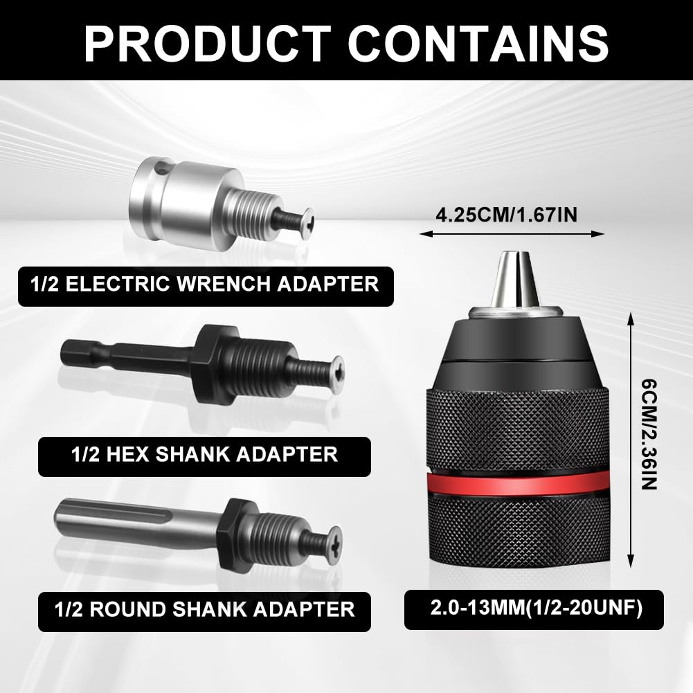 Portabrocas SDS de metal de 1,5 – 13 mm con adaptador SDS Plus de 1/2 pulgadas – 20 UNF, diámetro exterior: 42,5 mm con adaptador SDS, adaptador portabrocas autoajustable para taladros manuales y