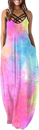 OJinShaWanO Casual Dresses for Women Summer O Neck Sleeveless Boho Maxi Dress with Pocket Plus Size Casual Dresses