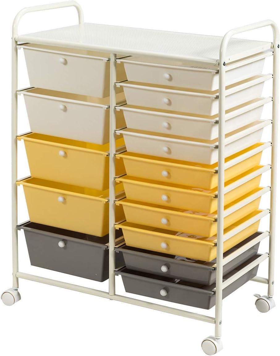 DREAMADE Rolling Storage Cart with 15 Plastic Drawers, Drawers Rolling Cart w/Universal Wheels, Multipurpose Utility Storage Organizer Cart for Office Home School Use (Goldenrod)