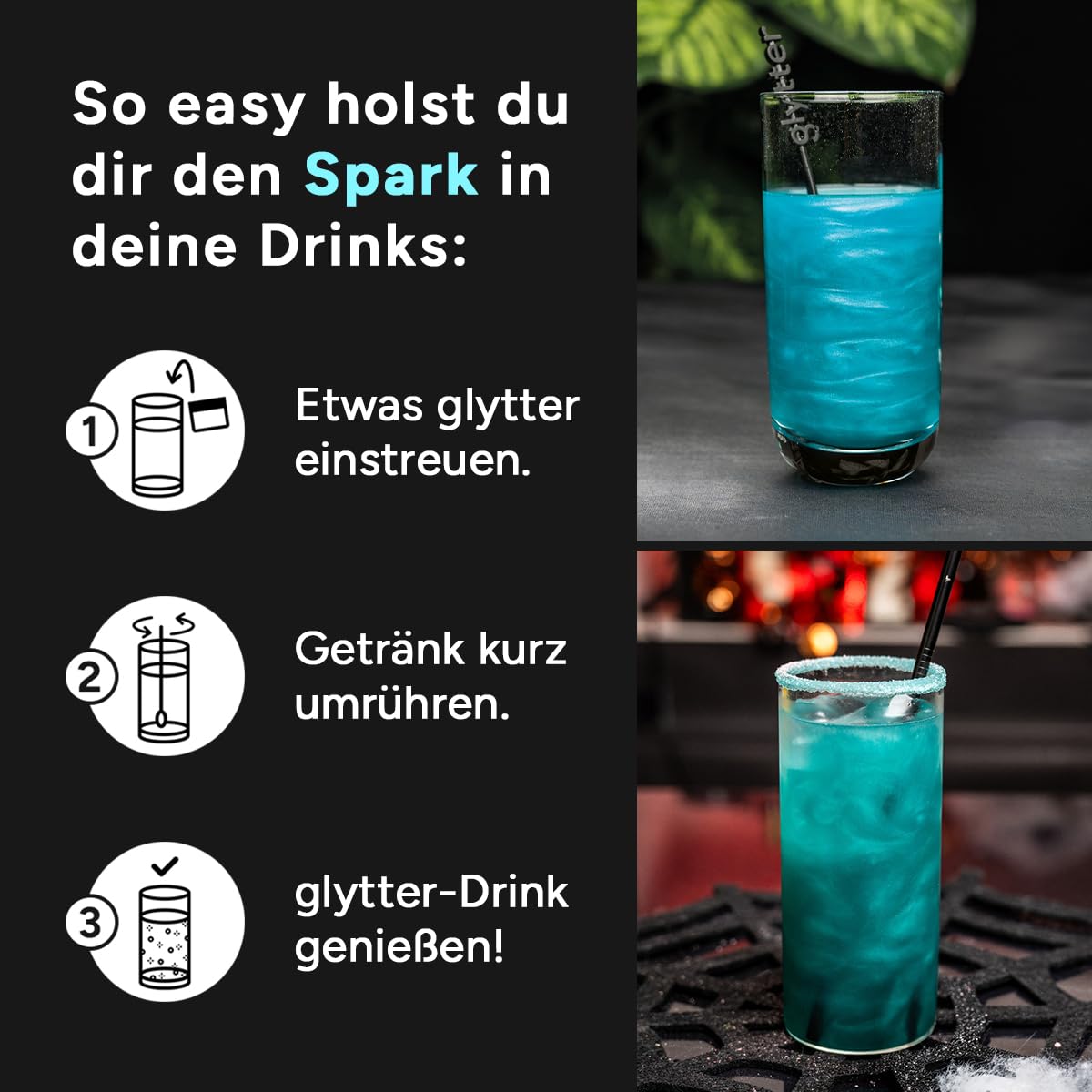 Glytter Glitzerpulver für Getränke (Türkis) - essbarer Glitzer für Drinks, Cocktails, 1000 Getränke MADE IN GERMANY