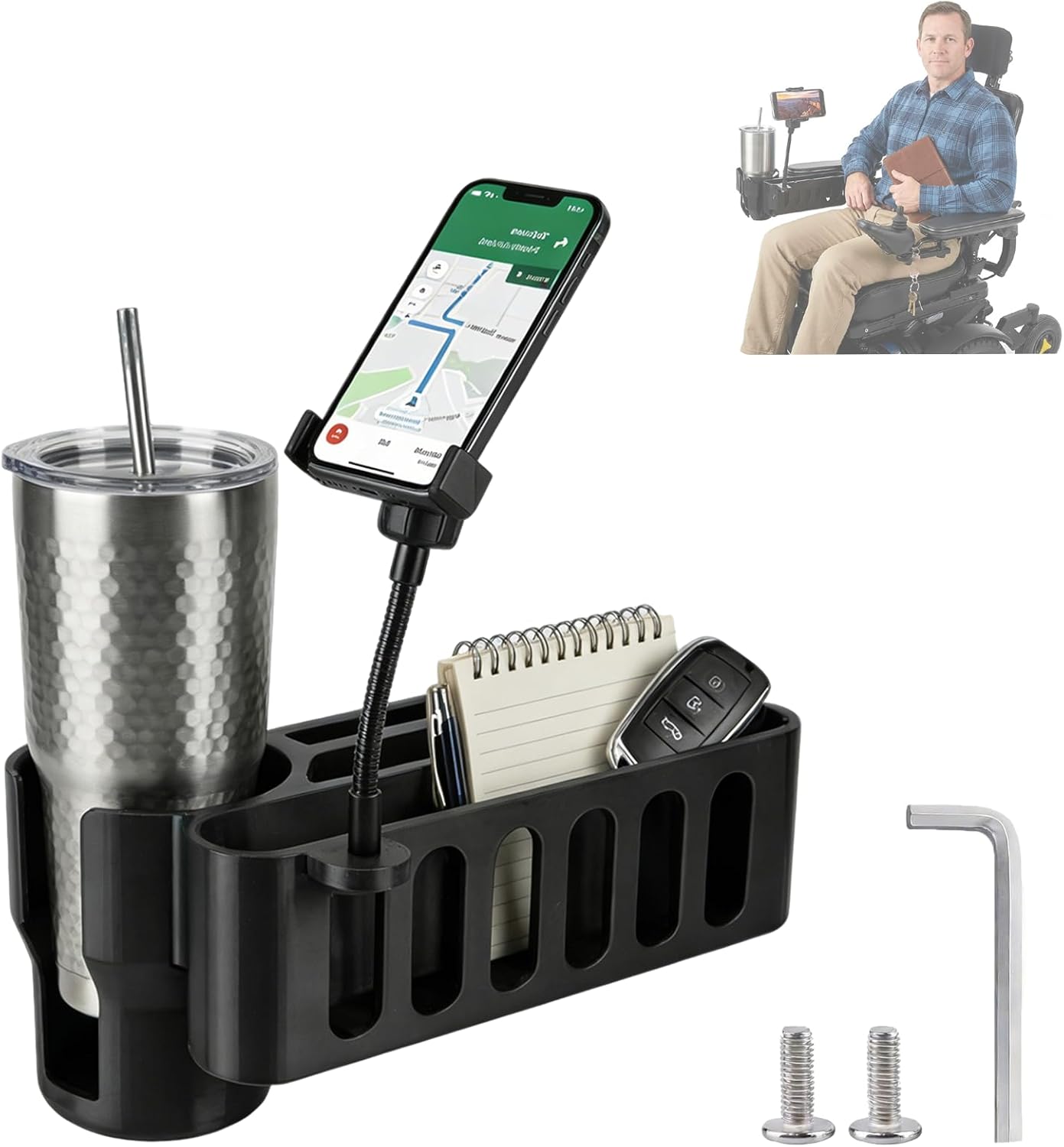 Cup Holder for Permobil Power Wheelchair,for Permobil Wheelchairs with Uni-Track Armrest Rails,3-in-1 Cup Holder,Phone Holder,Storage Basket,for M300,M3,M1,F3,F5 Etc,Easy Install,Secure Mount