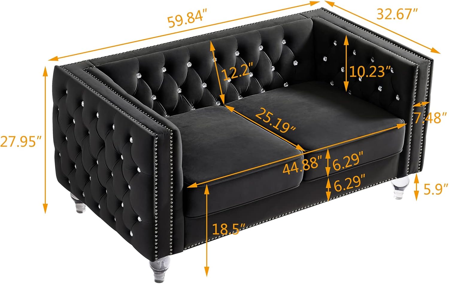 mikibama Velvet Loveseat with Buttons and Square Arms 59 Inch Tufted Sofa with Trimmed Nailhead and Acrylic Legs Loveseat Couch for Living Room, Bedroom (Black-Crystal Legs, Loveseat)