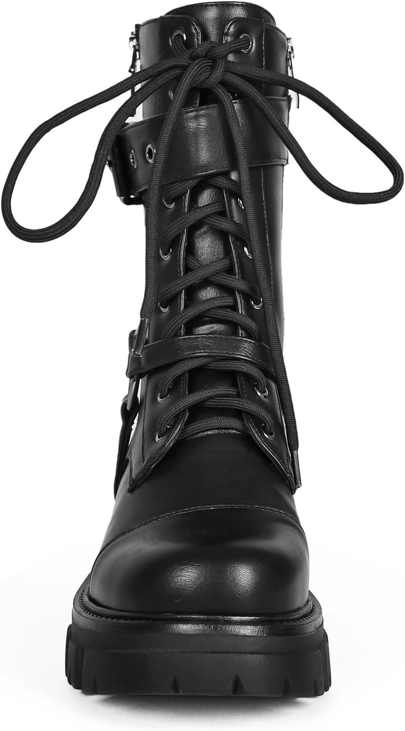 Women Harness Motorcycle Biker Boots Steampunk Combat Boots Chunky Mid Calf Goth Boots Lug Sole Lace up Side Zipper - Image 6