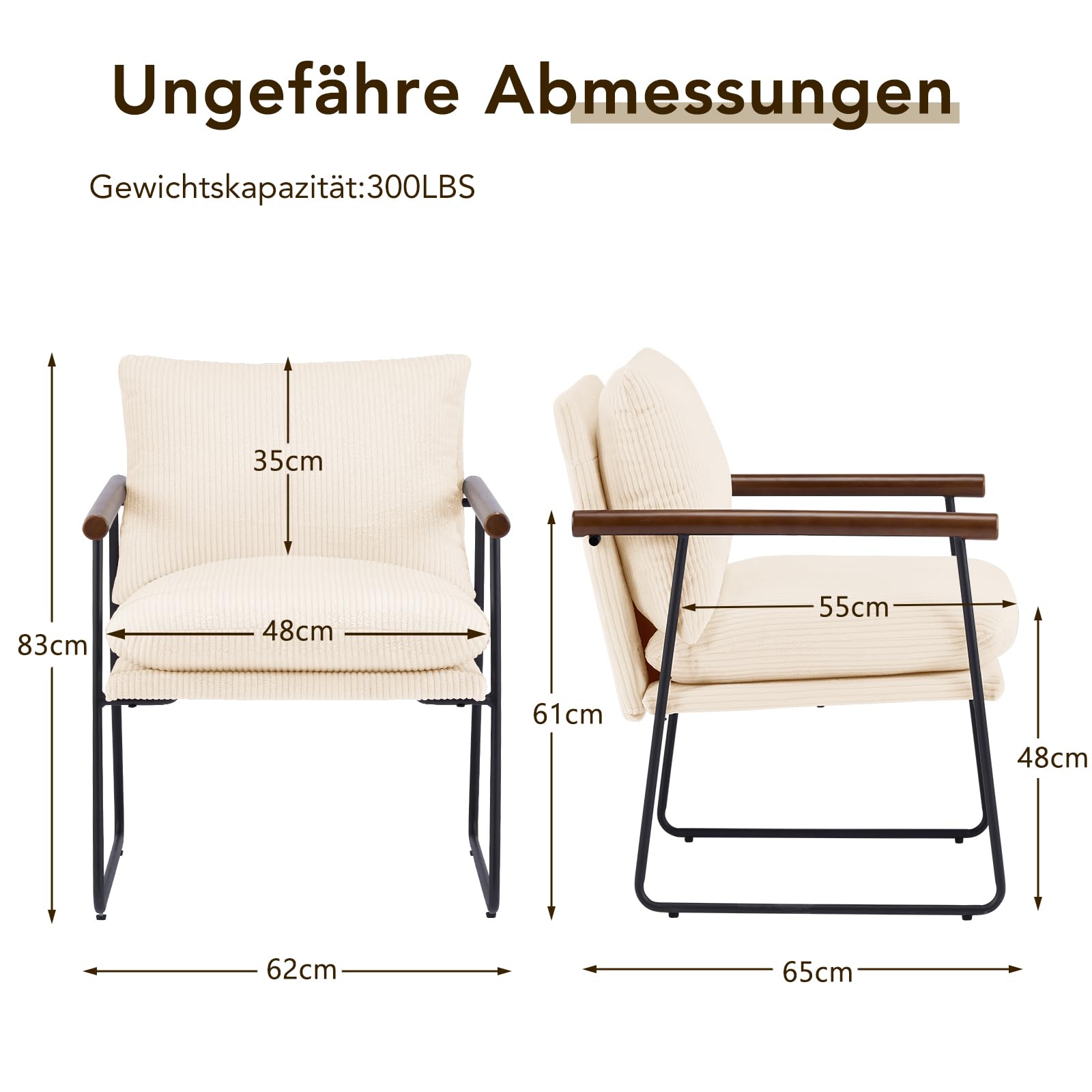 Poltrona Salotto Scandinava, Poltrona Camera da Letto con struttura in metallo, Poltroncina Imbottita Sedie Sala da Pranzo con Braccioli per Soggiorno Camera da Letto Sale da Pranzo, Beige