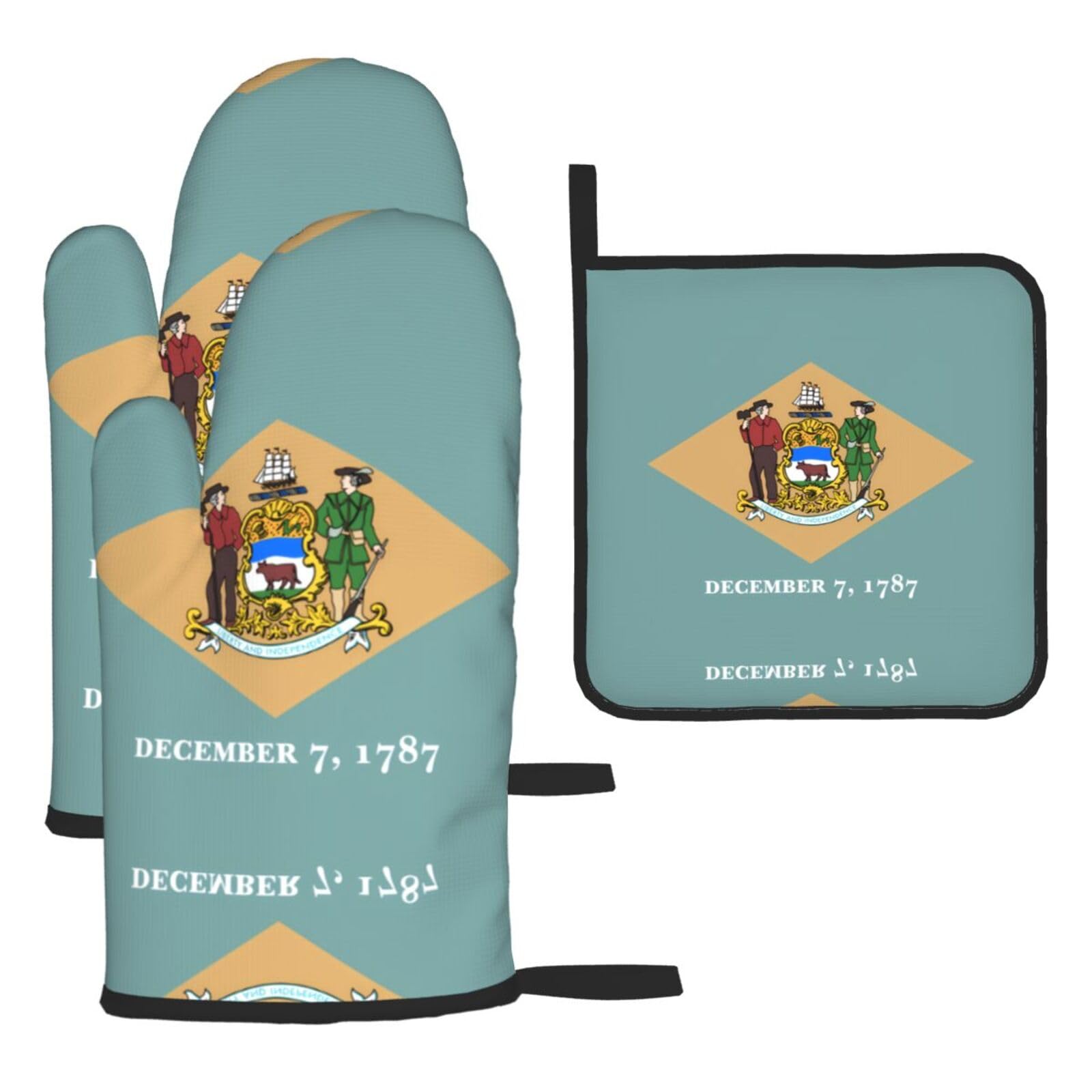Flag of Delaware Oven mittens and oven mitts three-piece set suitable for oven, grilling, baking, microwave and home cooking.