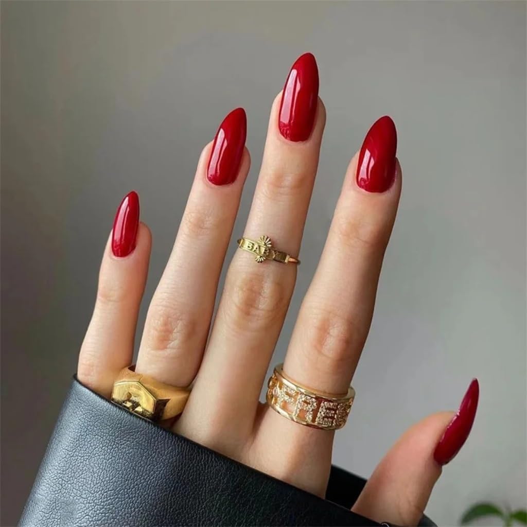 24Pcs Almond Shaped Wearable False Nails Medium Length Solid Colour Press Nail Red Full Coverage Removable Fake