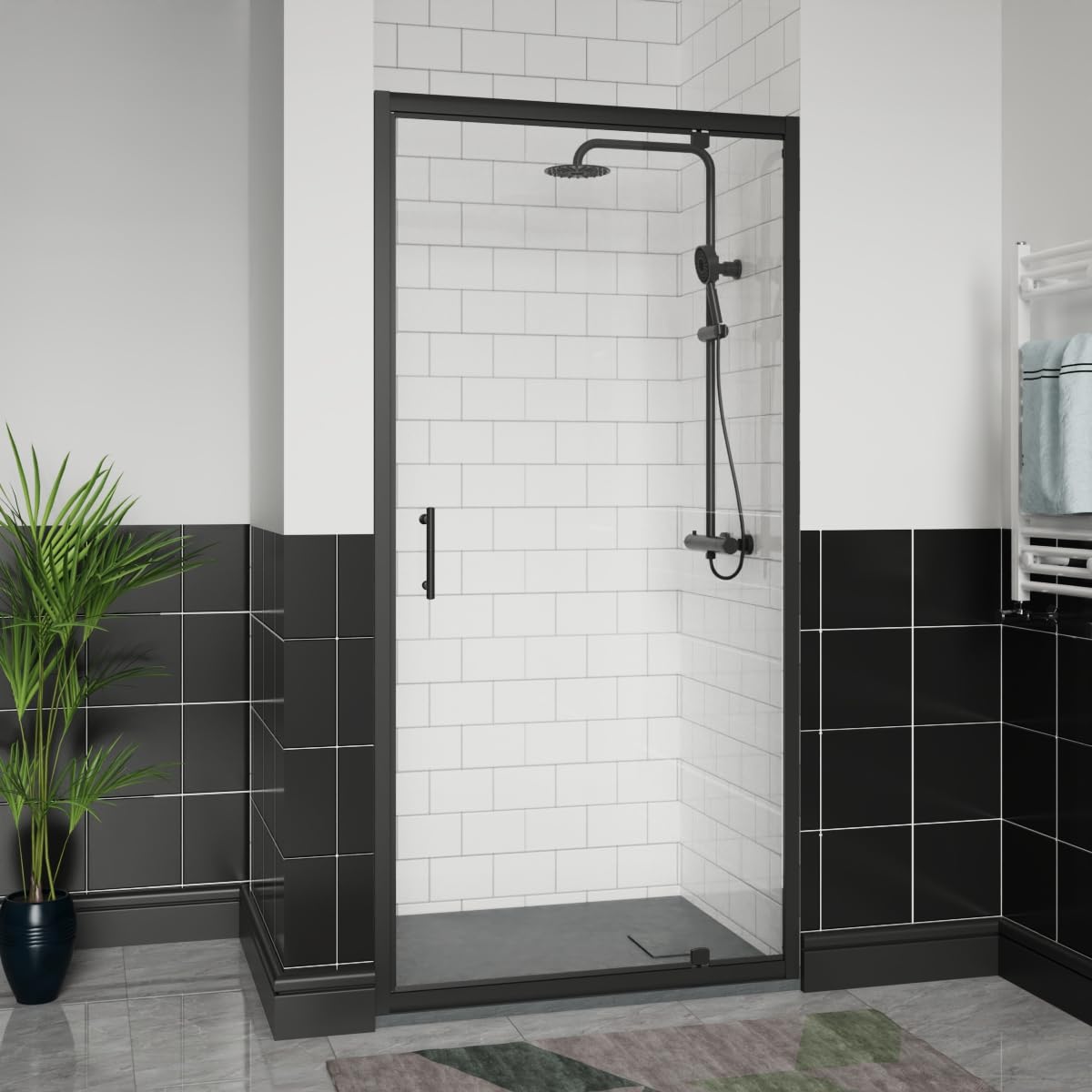 Aquariss Matte Black 900X700mm Black Pivot Alloy Hinge Shower Door Enclosure With 900Mm Clear Self Clean 6Mm Shower Door Screen, Anthracite Smc Anti Slip Shower Tray And 90Mm Waste